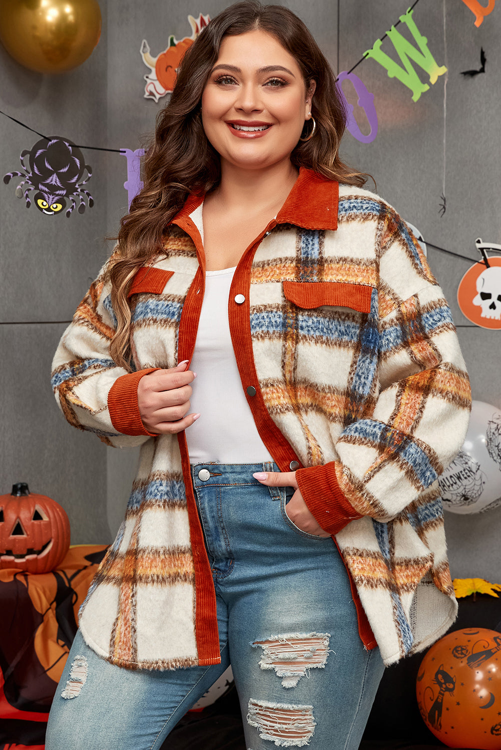 Brown Stripe Plus Size Plaid Print Collared Buttoned Jacket BB Fashion Outlet