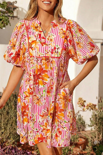 Striped Floral Print Tie Neck Puff Sleeve Babydoll Mini Dress