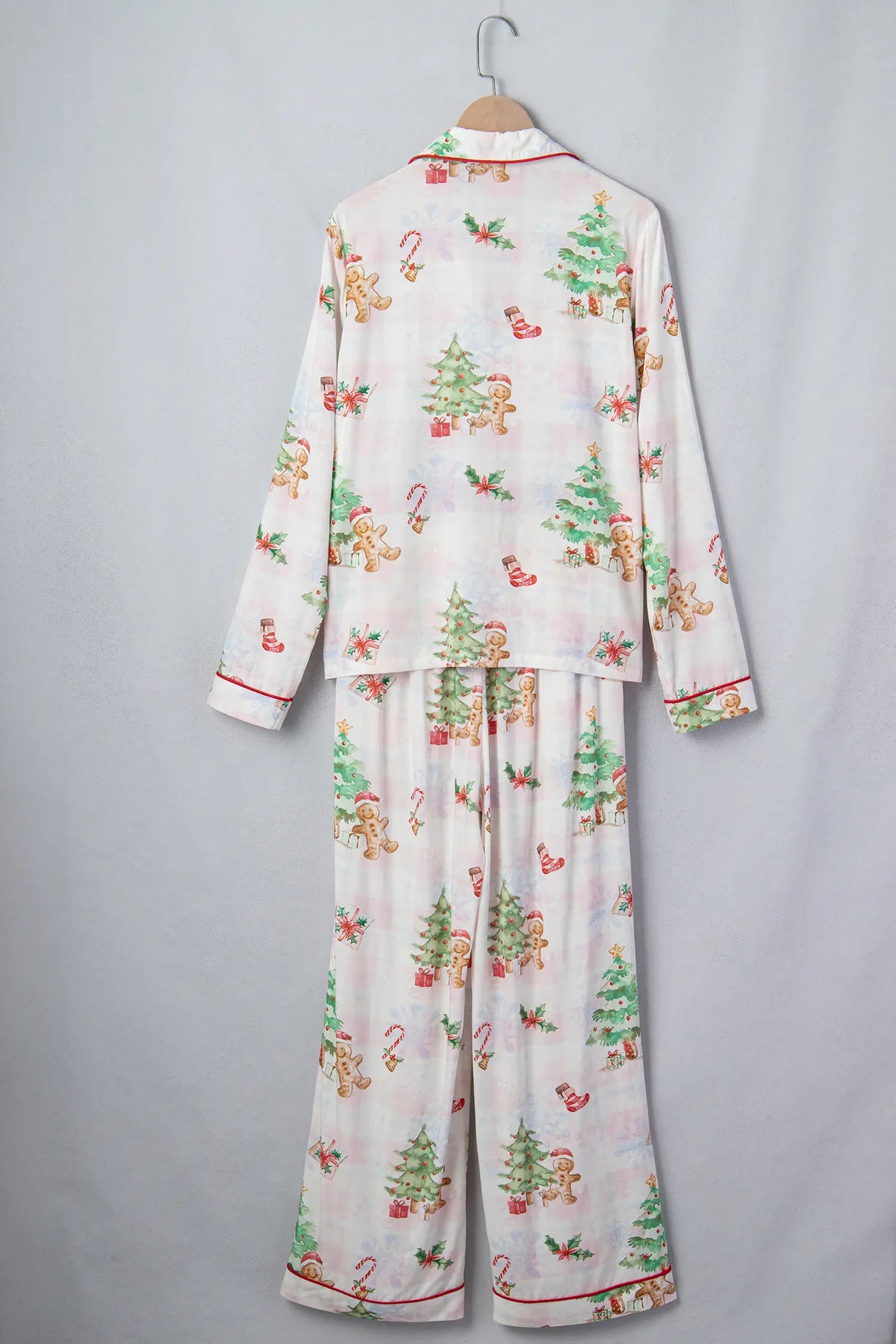Pink Plaid Snowflake Christmas Gingerbread Man Print Long 2pcs Lounge Set