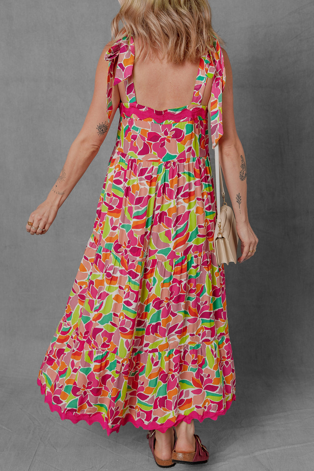 Multicolour Floral Tied Straps Ric rac Trim Maxi Dress BB Fashion Outlet