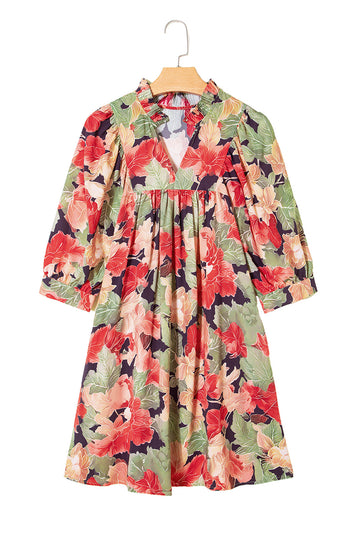 Floral Print Frilled Collar V-Neck Half Sleeve Mini Dress - Dresses/Floral Dresses