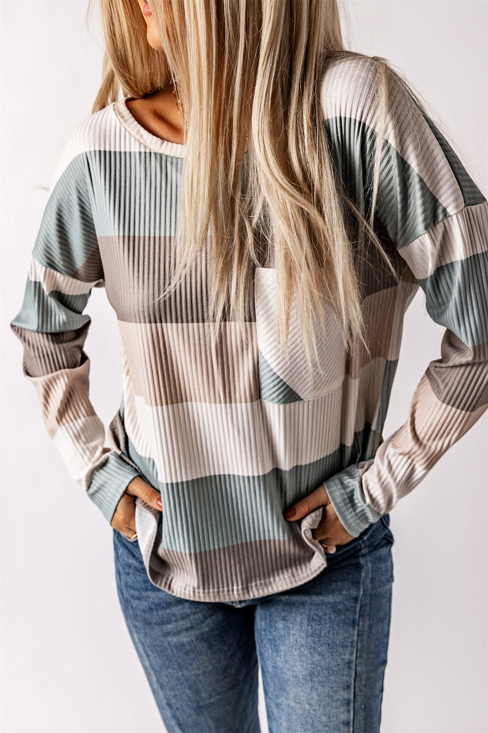 Green Colour Block Ribbed Long Sleeve Top with Pocket eAura