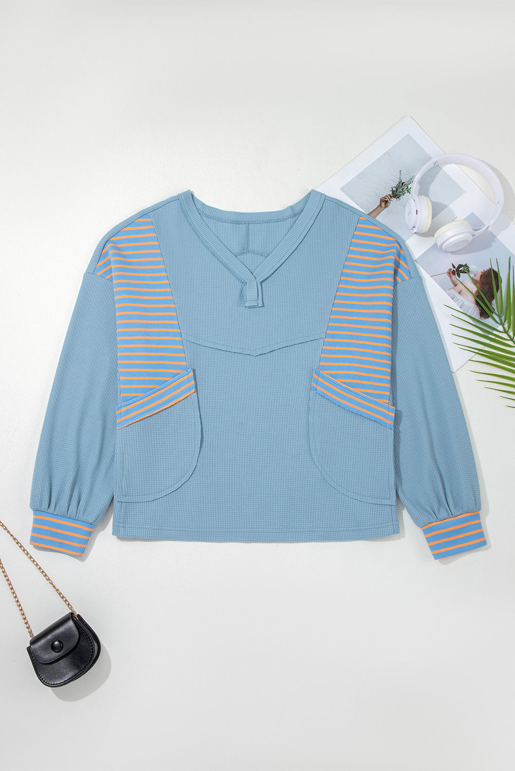 Exposed Seam Waffle Striped Patchwork Baggy Pullover - eAura