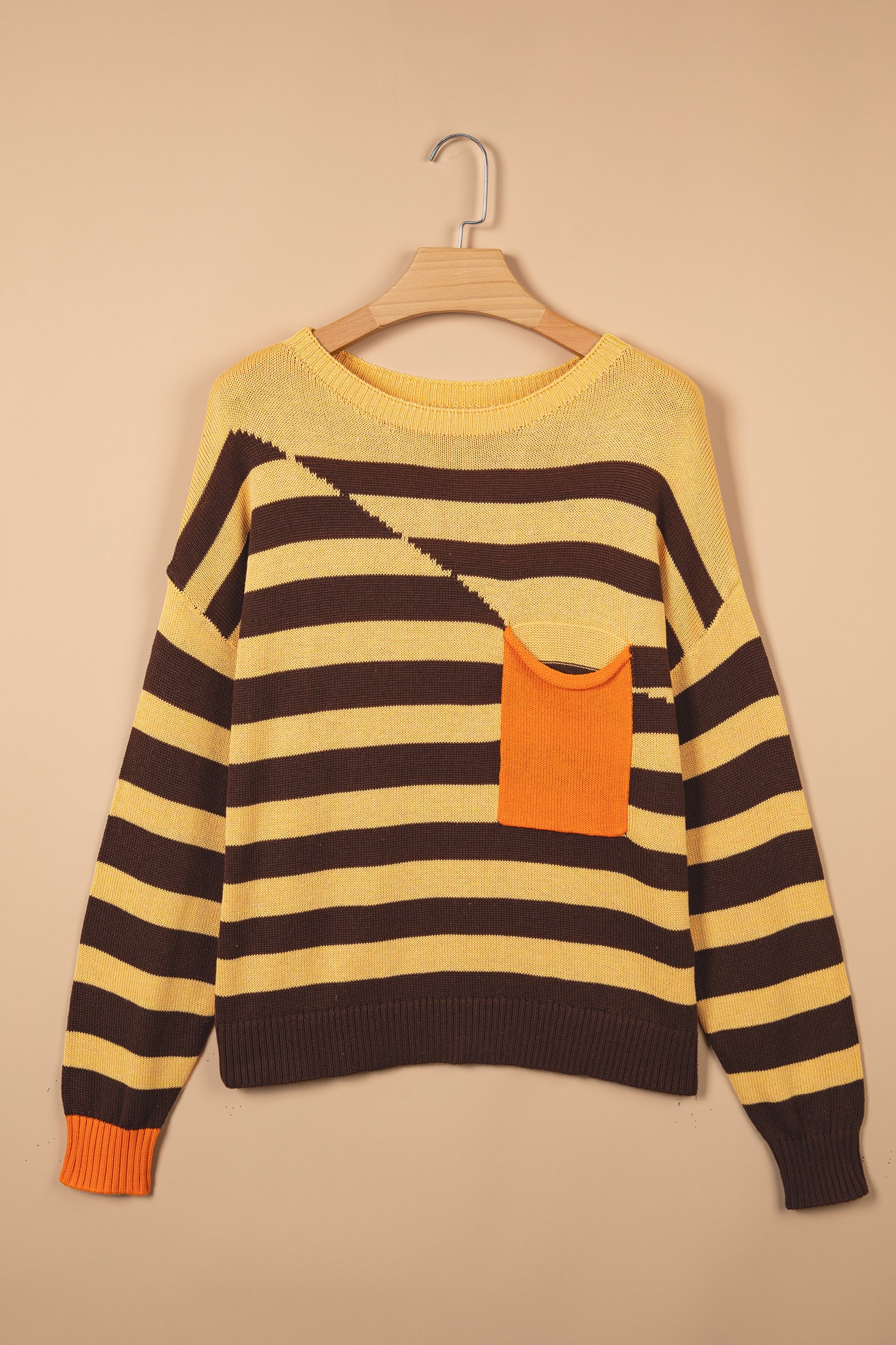Striped Drop Shoulder Colorblock Pullover Sweater – Brown Stripe