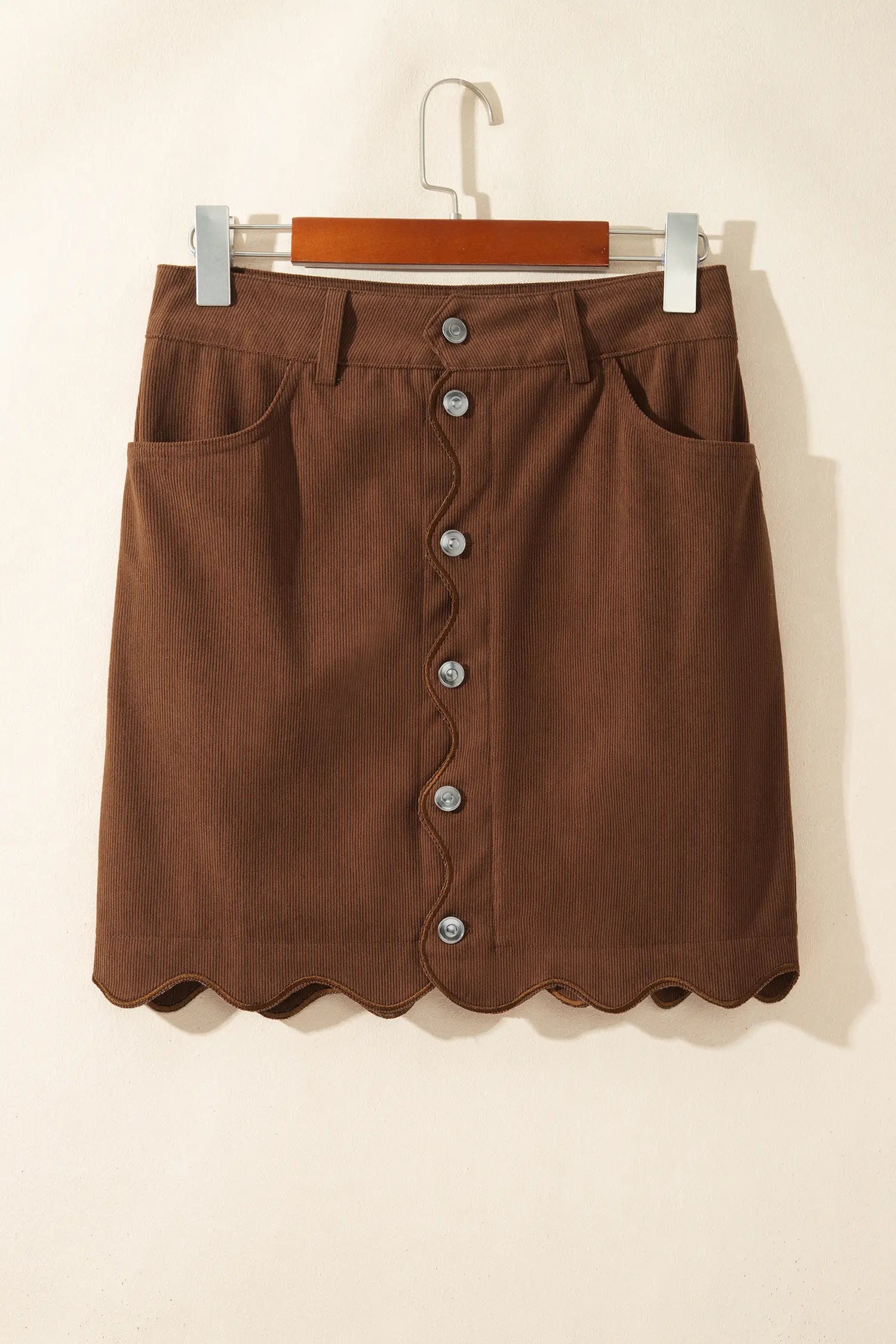 Coffee Button Front Corduroy Mini Pockets Sheath Silhouette Skirt