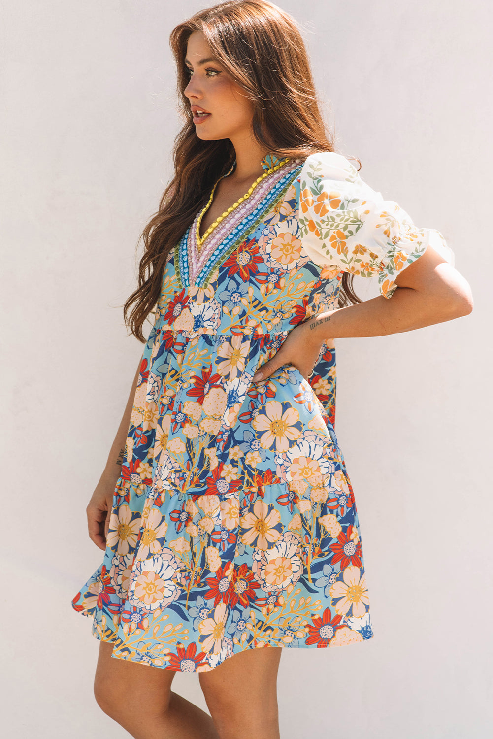 Multicolour Boho Floral Print Crochet Patchwork V Neck Loose Mini Dress eAura