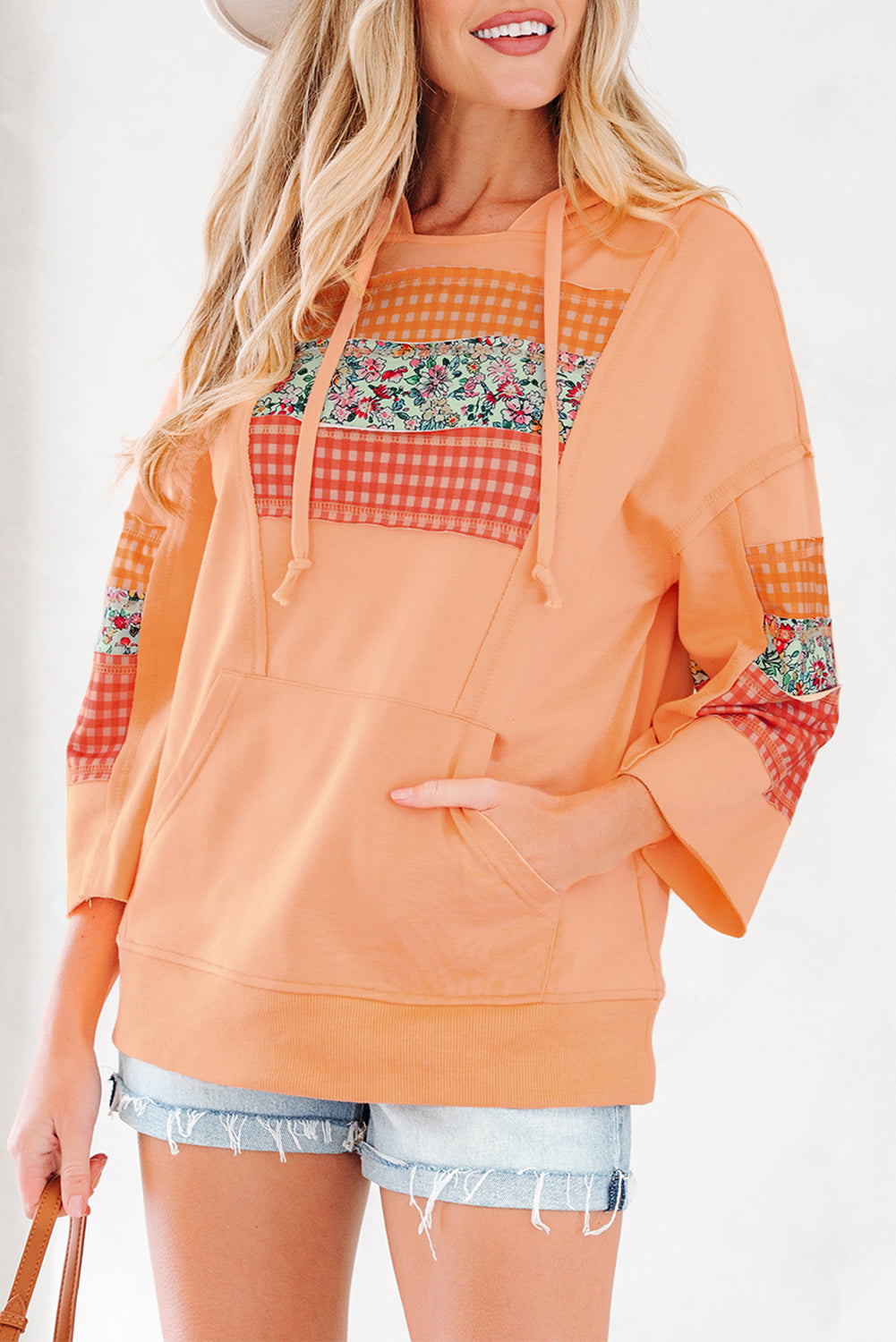 Plaid Floral Patchwork Kangaroo Pocket Hooded Long Sleeve Top - Tops/Long Tops