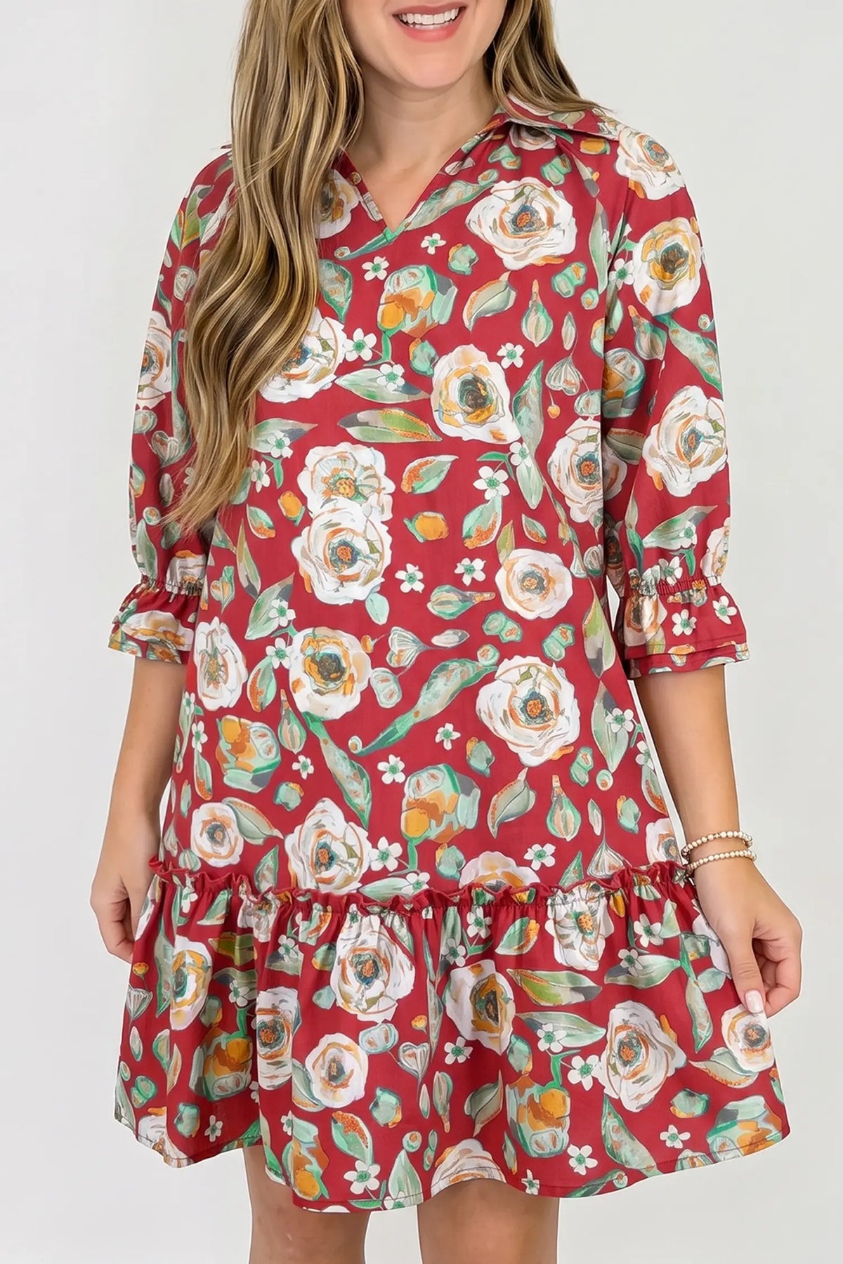 Floral Print Half Sleeve Short Shift Dress – Red