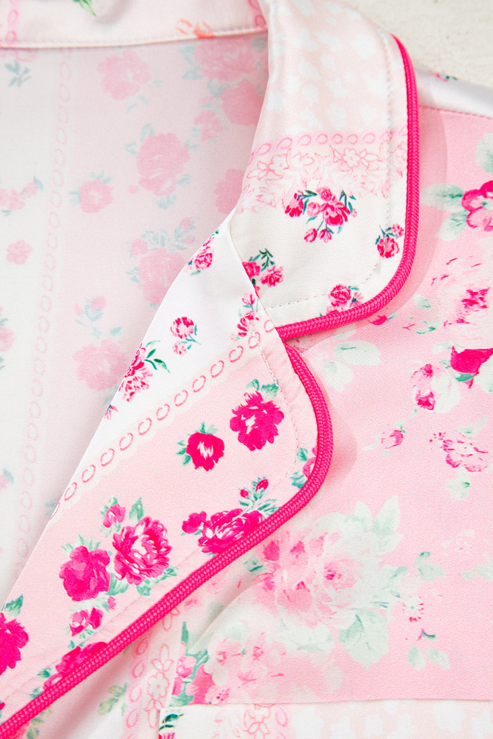 Pink Mixed Floral Print Contrast Piping Trim Satin Tie Pyjama Set - eAura