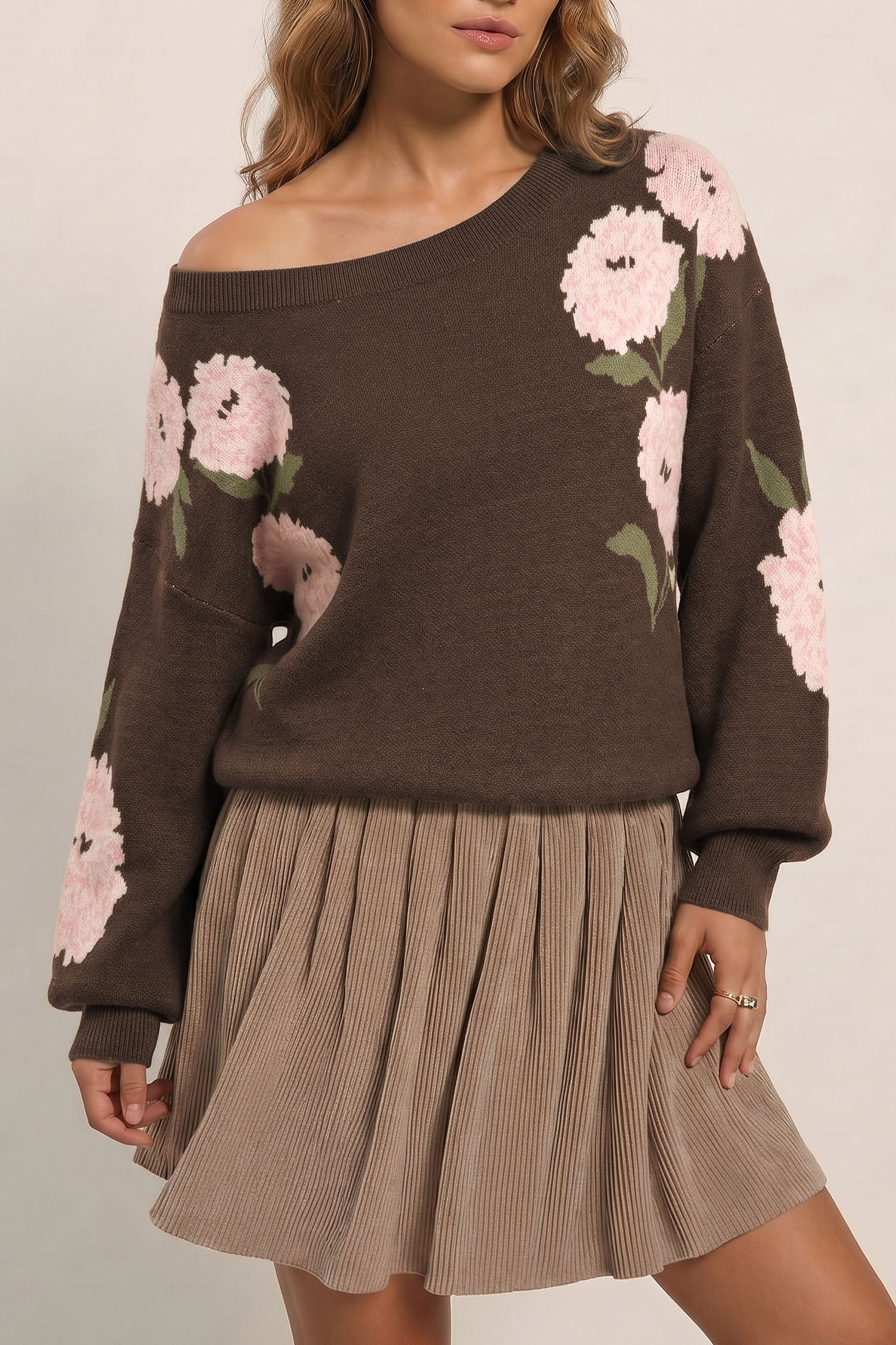 Floral Print Drop Shoulder Relaxed Pullover Sweater – Dark Brown
