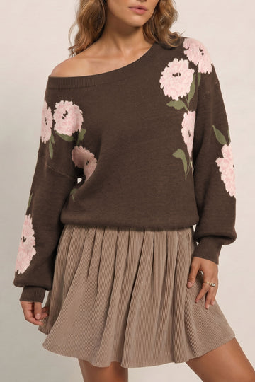 Floral Print Drop Shoulder Relaxed Pullover Sweater – Dark Brown