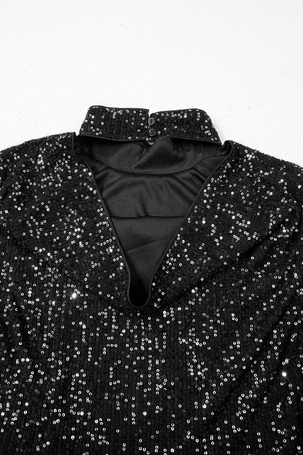 Black Sequin Mock Neck Drape Open Back Bell Sleeve Top eAura
