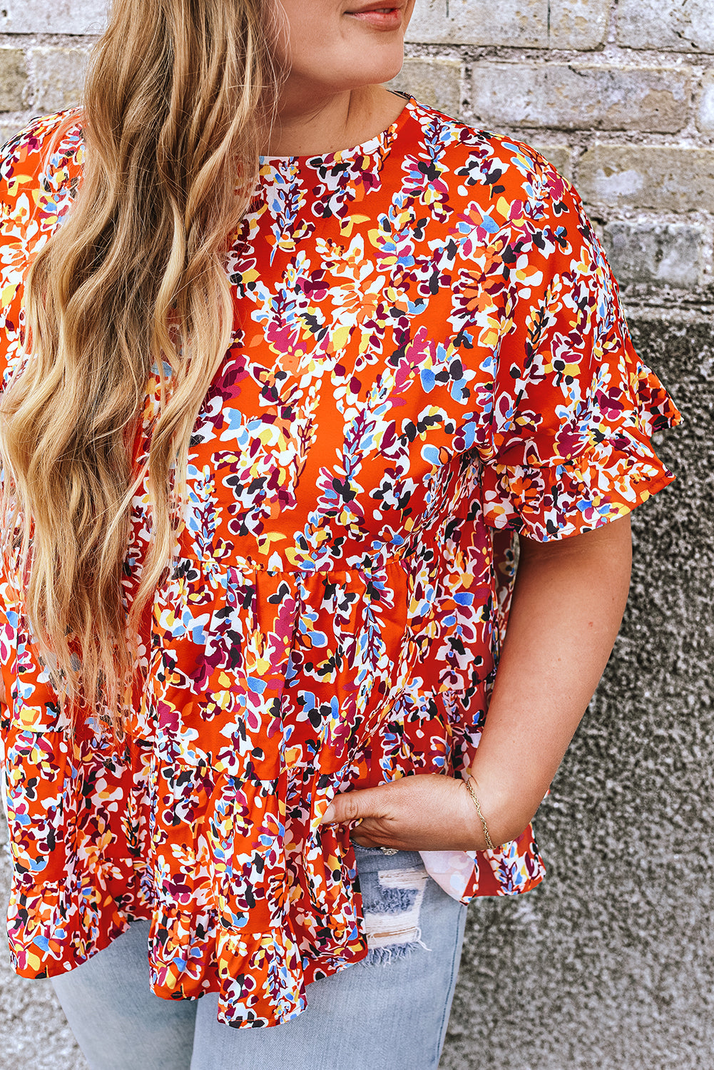 Orange Floral Printed Ruffle Sleeve Curvy Babydoll Blouse BB Fashion Outlet
