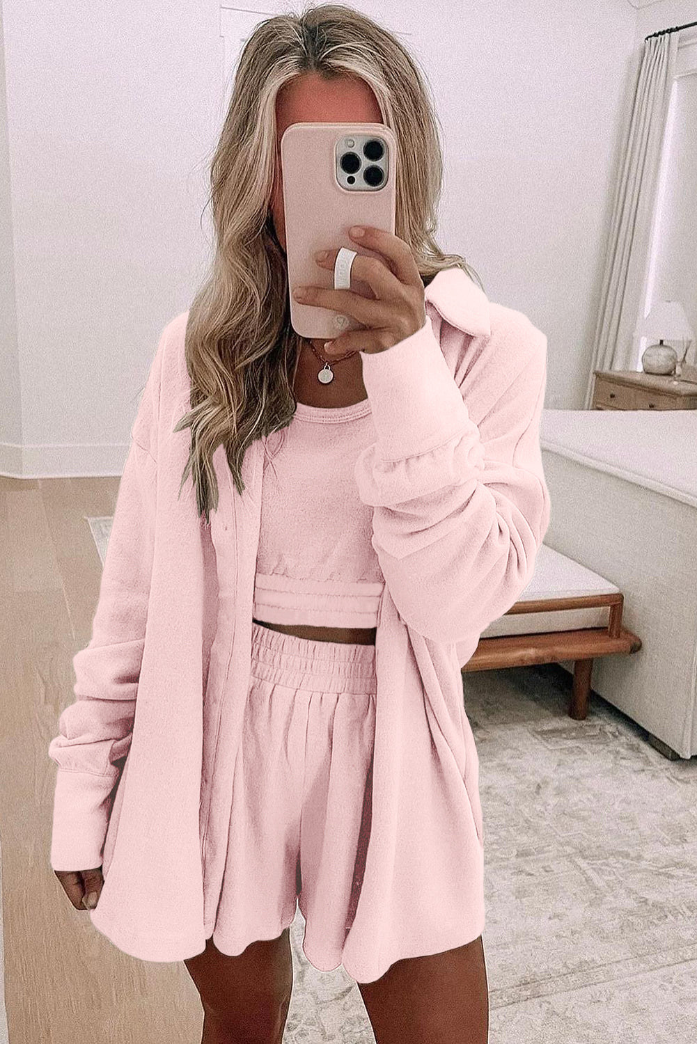 Light Pink 3 Pcs Crop Tank Top Shorts with Cardigan Lounge Set eAura
