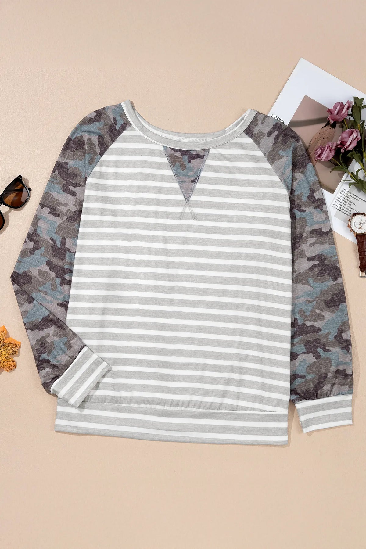 Camo Sleeve Striped Colourblock Round Neck Long Sleeve Plus Size Blouse – Grey Stripe