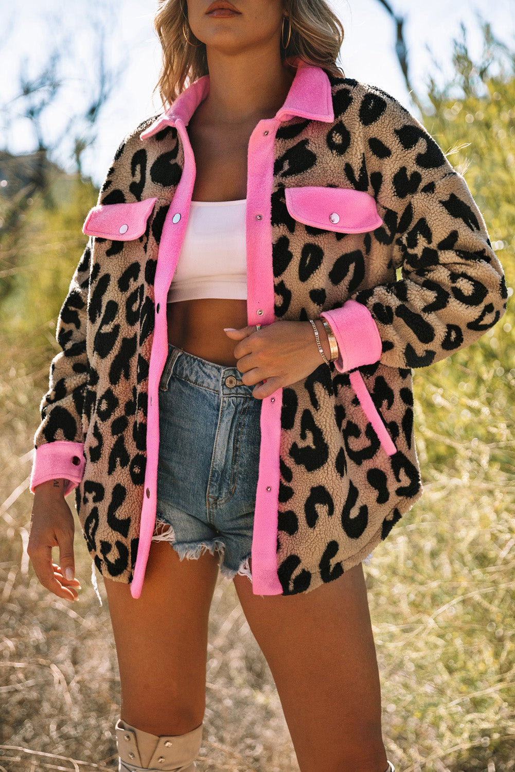 Black Contrast Trimmed Leopard Teddy Shacket BB Fashion Outlet