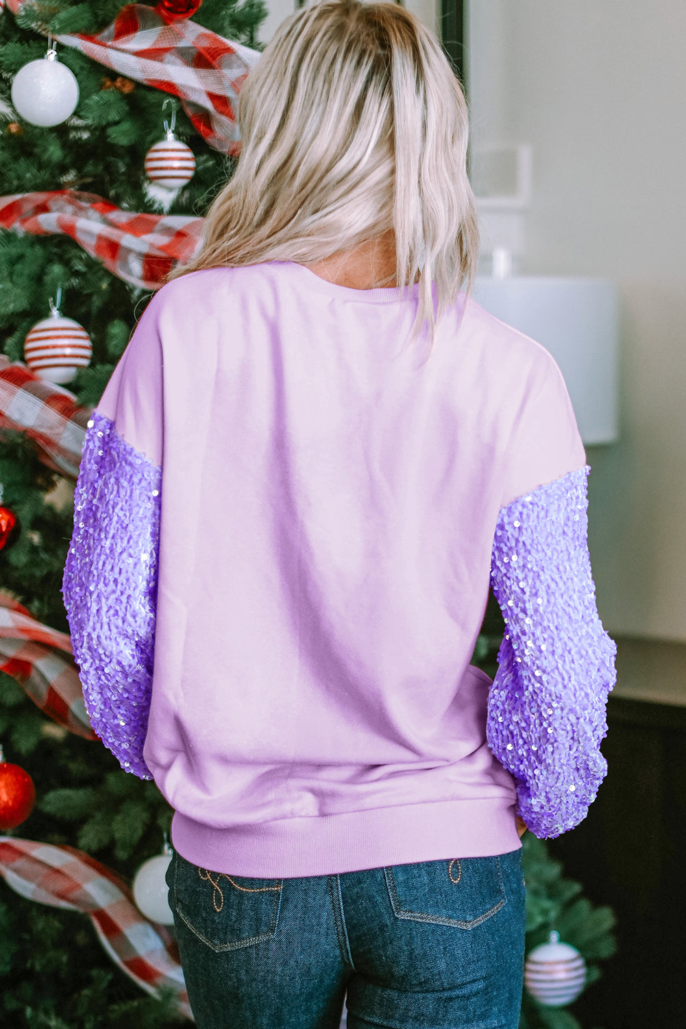 Orchid Petal Sequin Patchwork Long Sleeve Pullover Top eAura