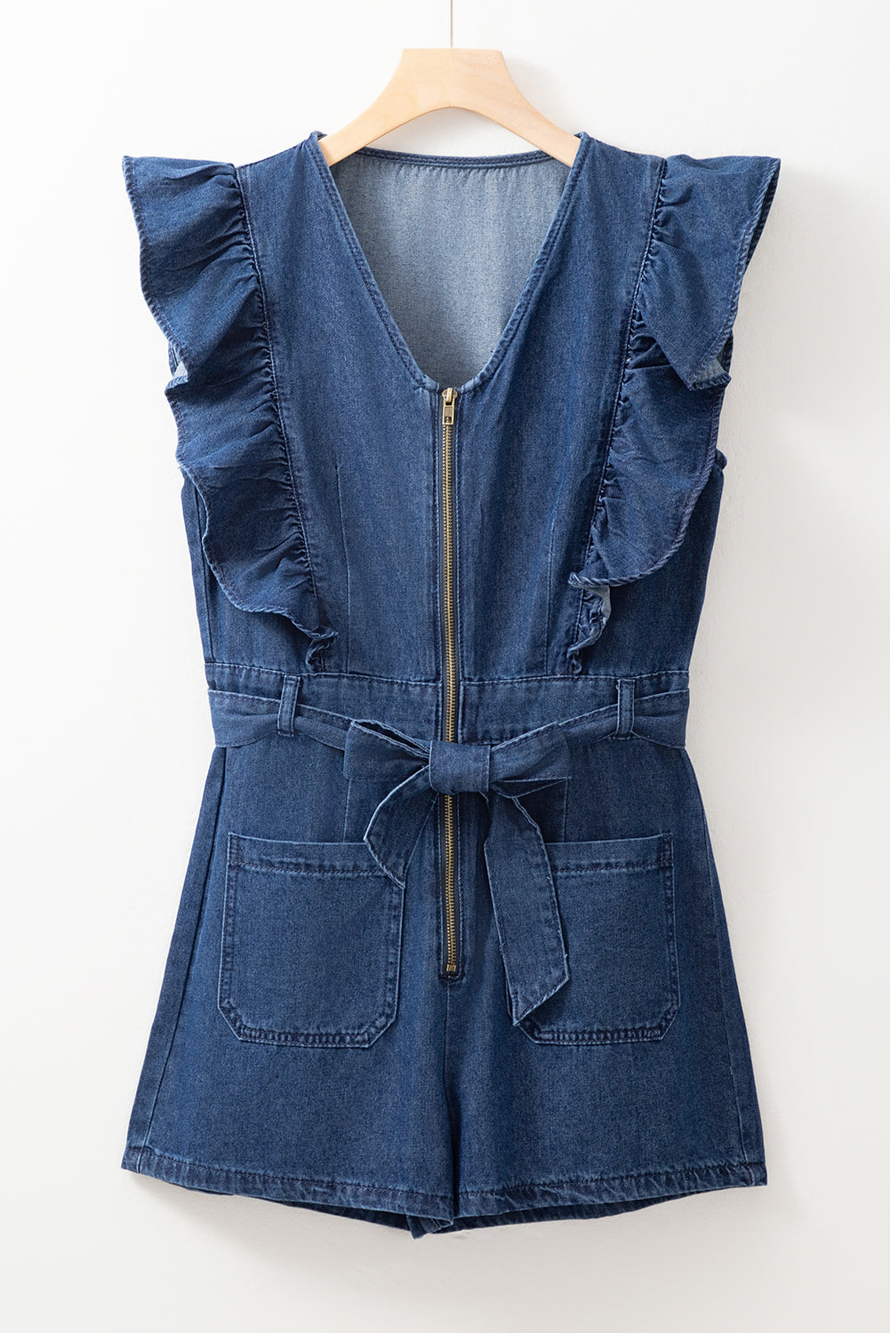 Sail Blue Denim Ruffled Zipped Front Belted Romper eAura