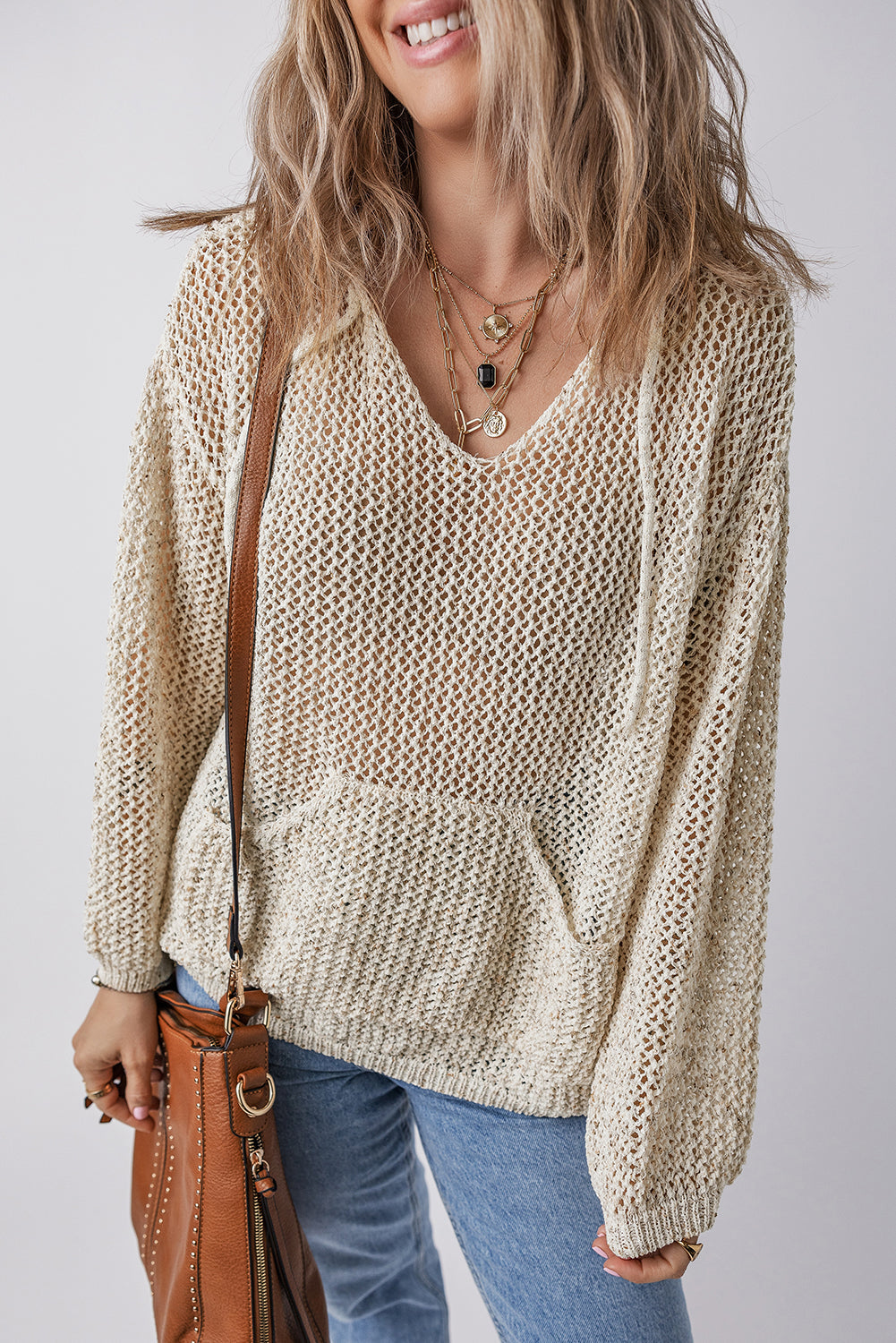 Jet Stream Hollow-out Kangaroo Pocket V Neck Hooded Sweater eAura