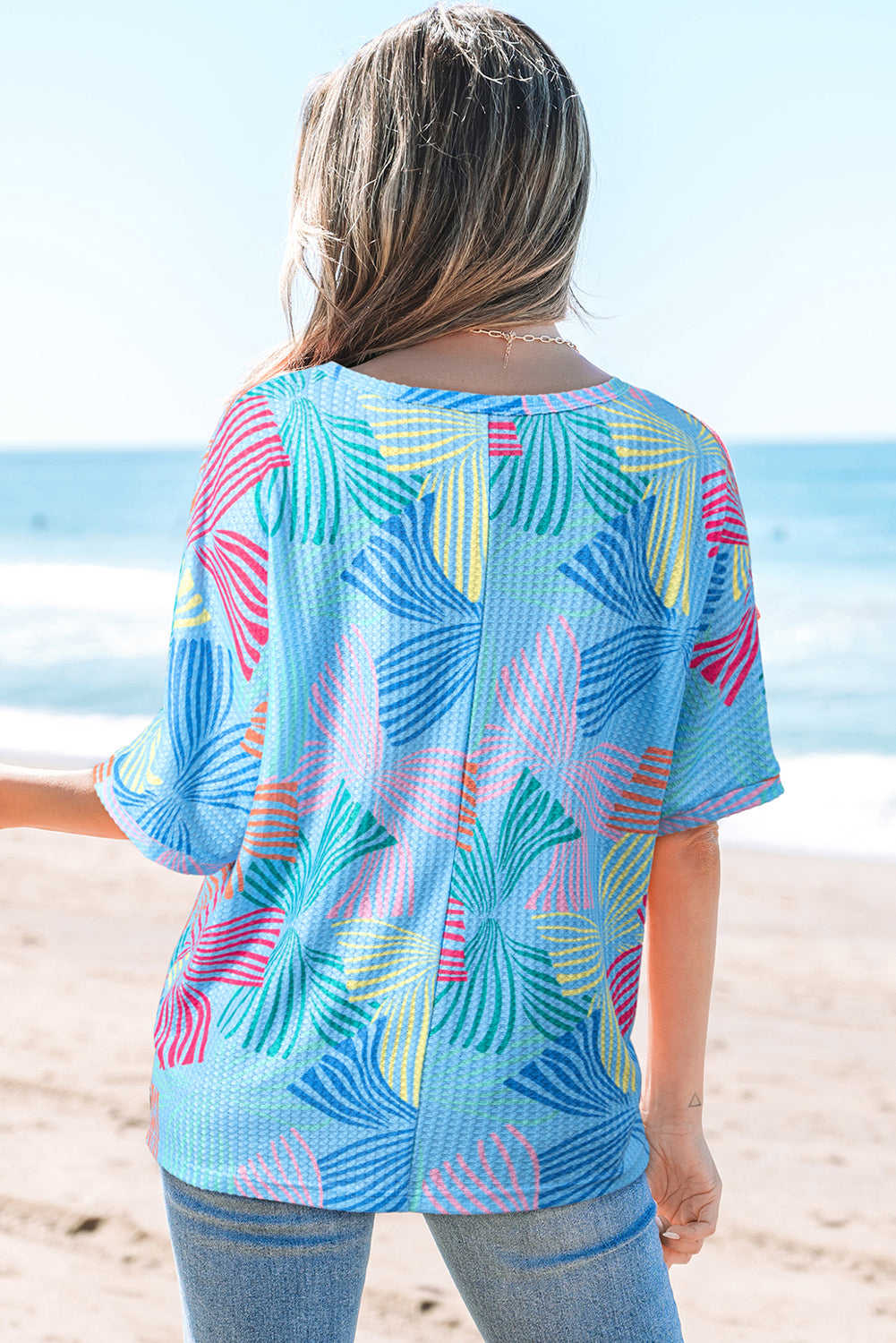 Bowknot Print Waffle Crewneck Loose Short Sleeve Top eAura