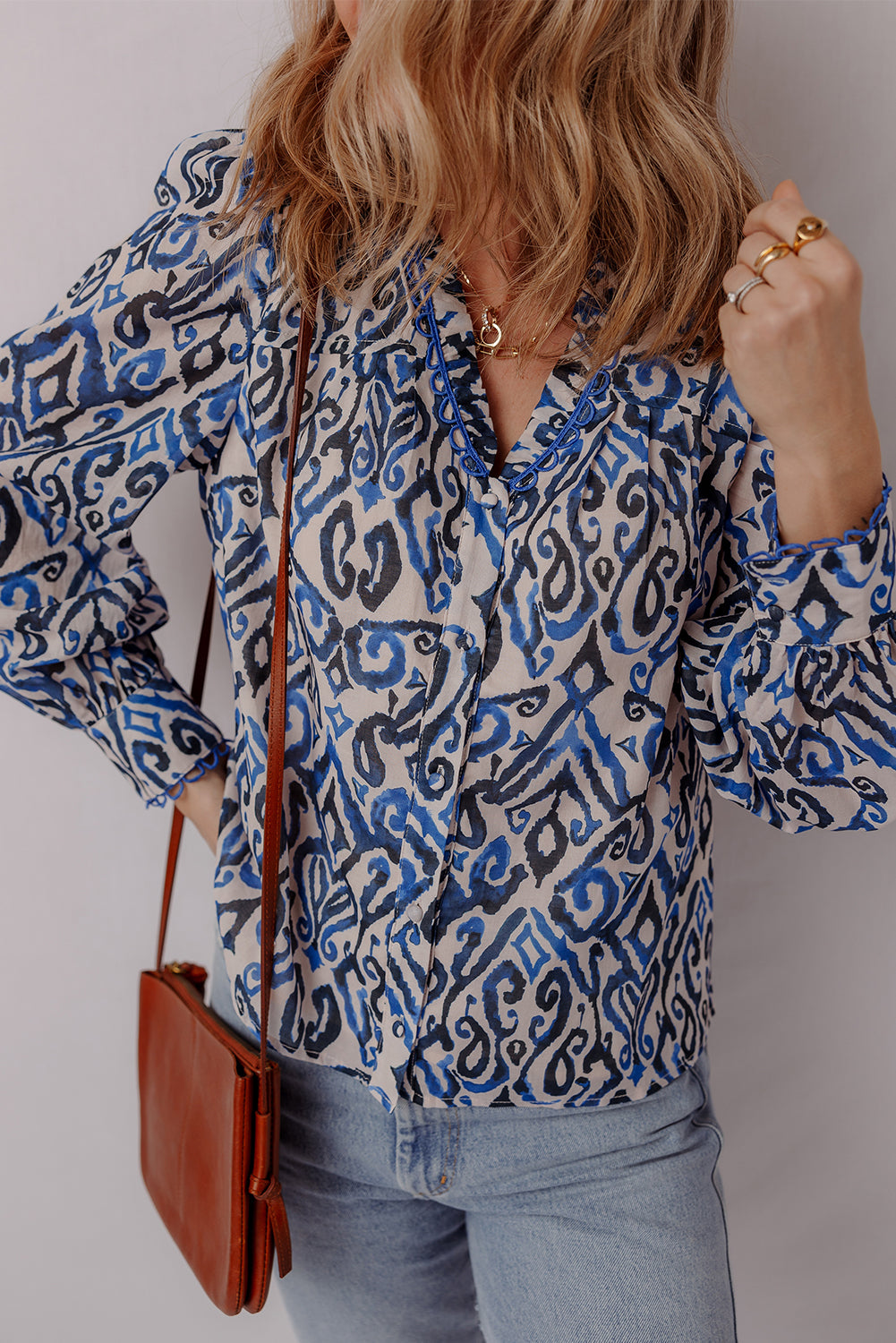 Blue Bohemian Print Embroidered V-Neck Long Sleeve Blouse - eAura