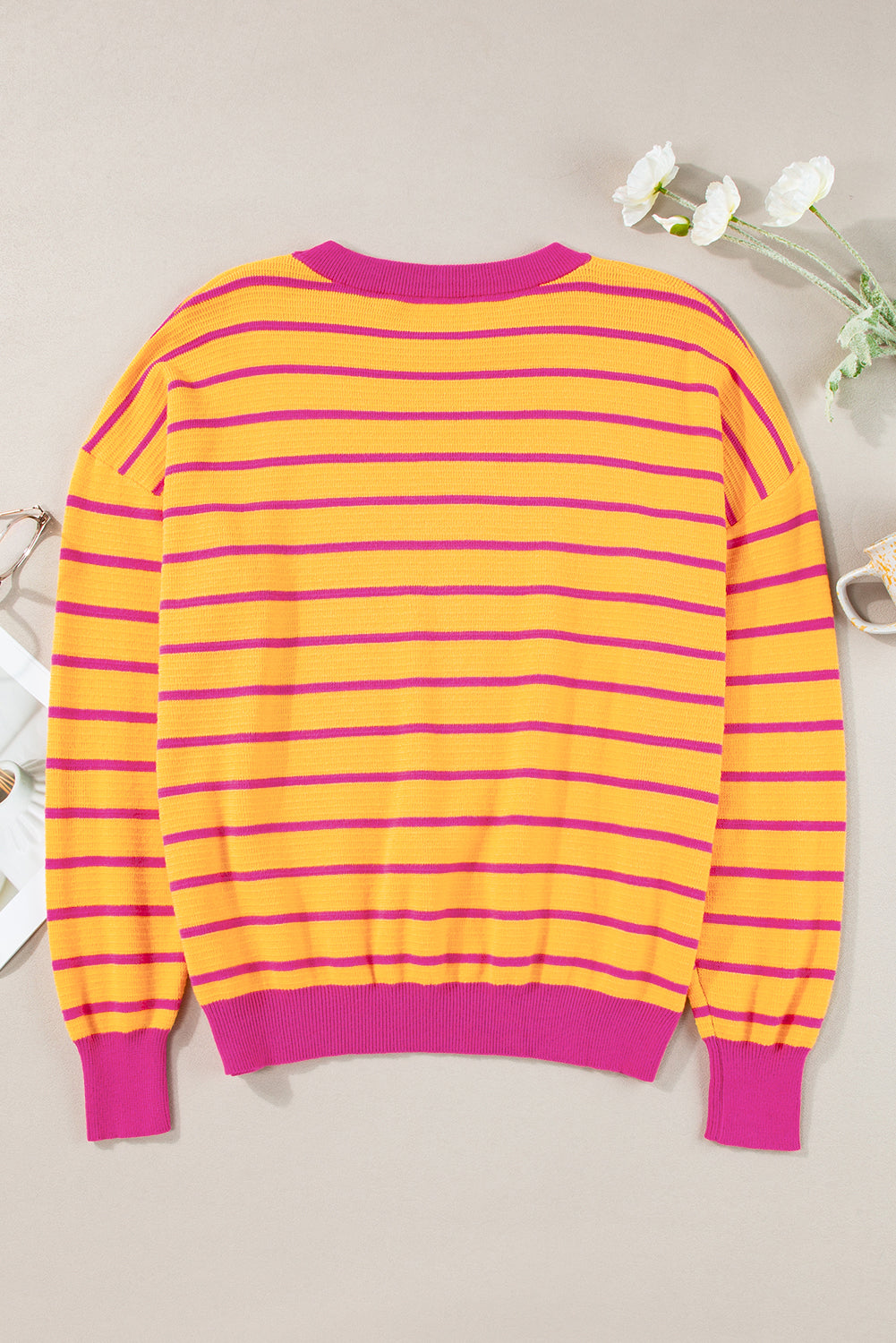 Orange Stripe Trimmed Round Neck Drop Shoulder Loose Sweater eAura