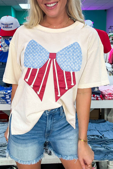 White Loose Knit Vintage Flag Bow Patched T-Shirt