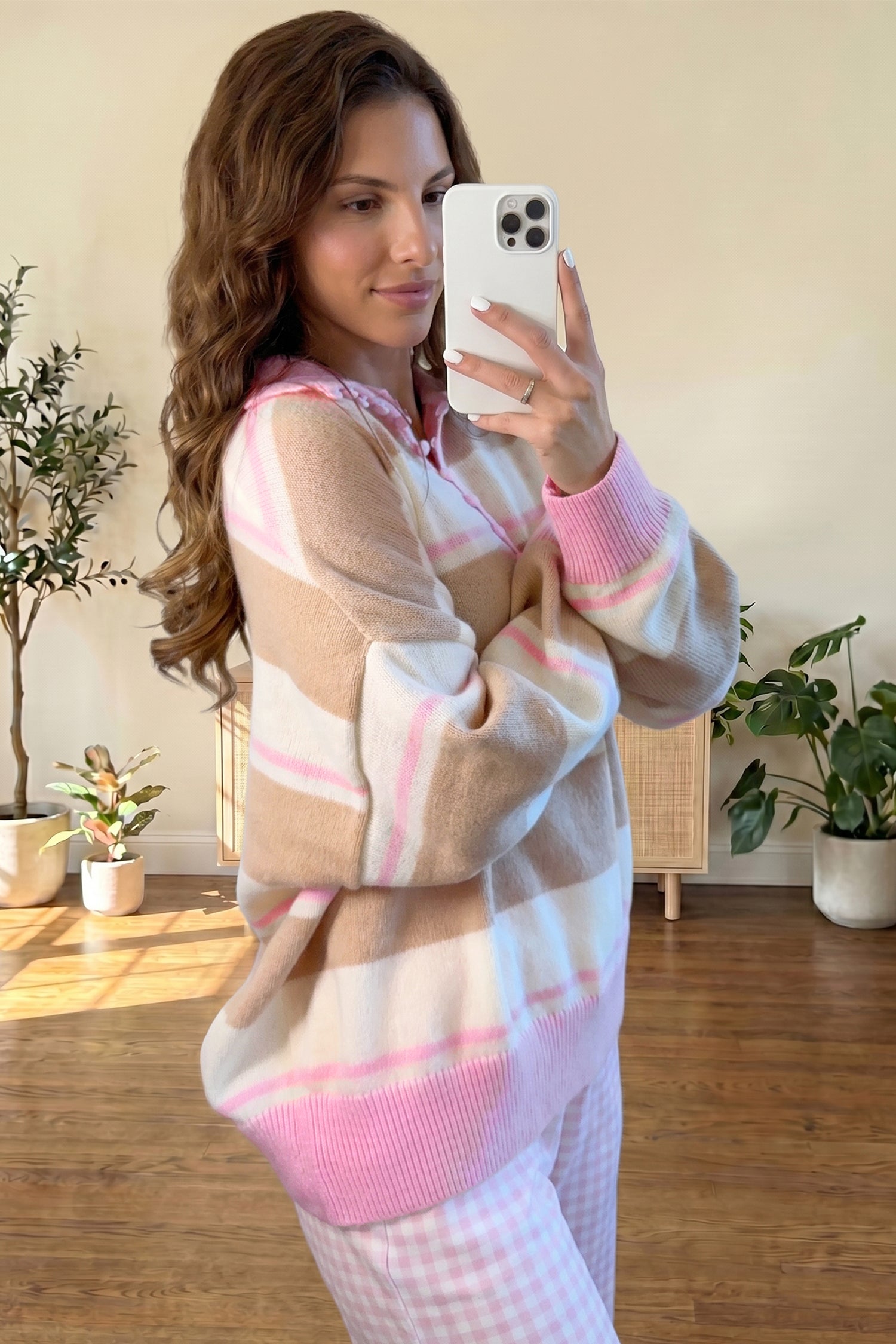 Striped Drop Shoulder Button Placket Long Sleeve Sweater – Khaki Stripe