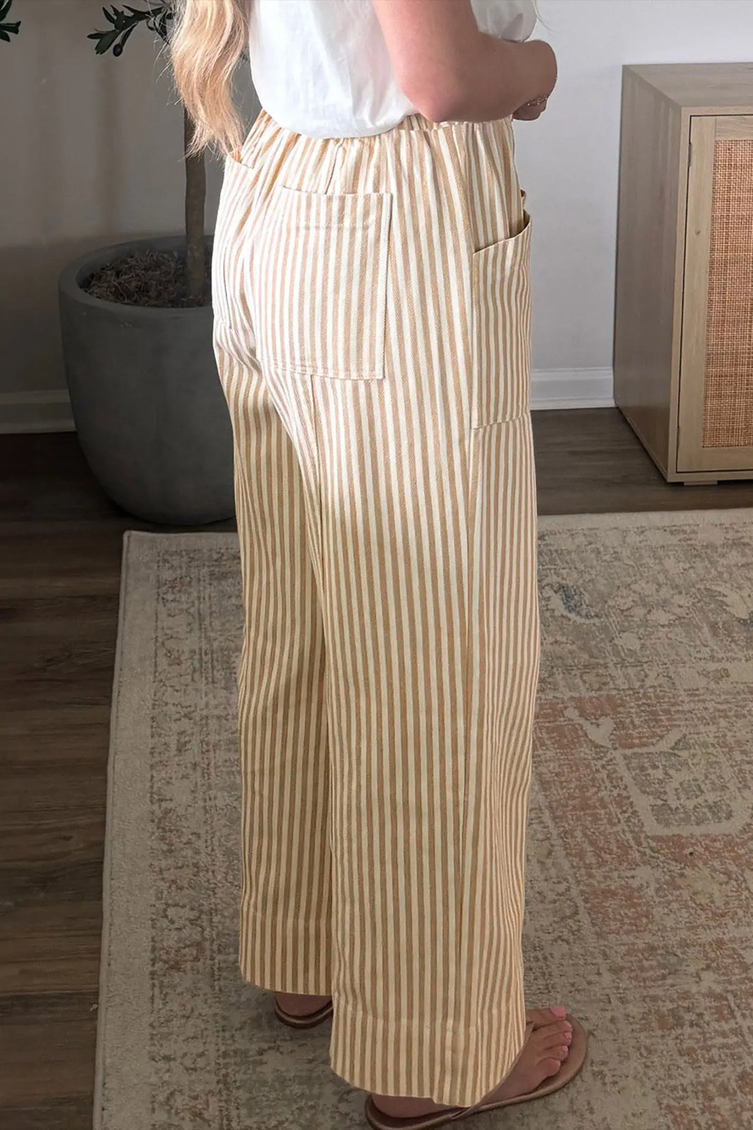 Ribbon Drawstring Waist Full-Length Shift Pant – Apricot Stripe