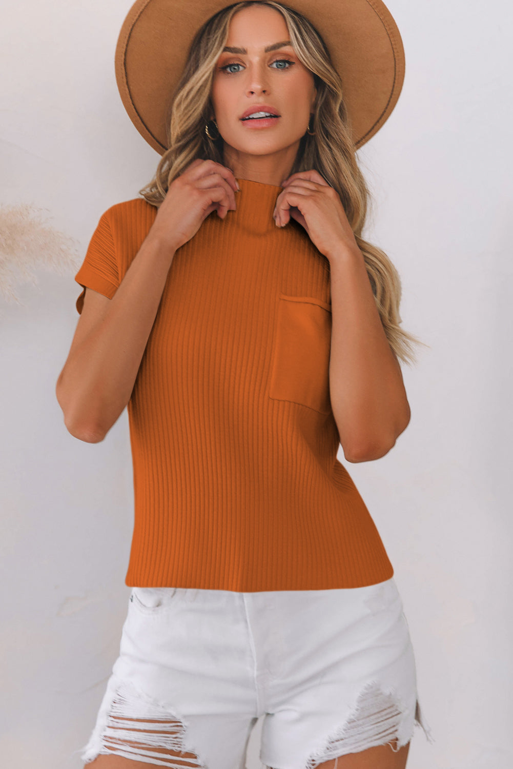 Black Patch Pocket Ribbed Knit Short Sleeve Sweater eAura