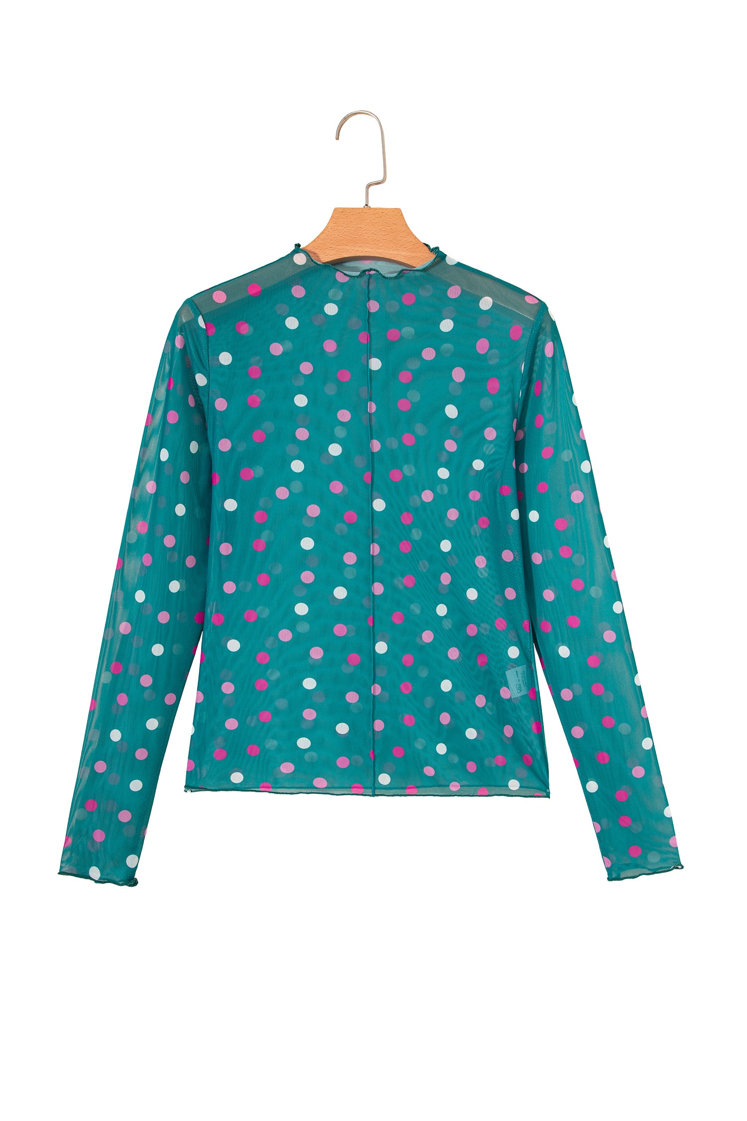 Polka Dot Bodycon Mock Neck Mesh Long Sleeve Top