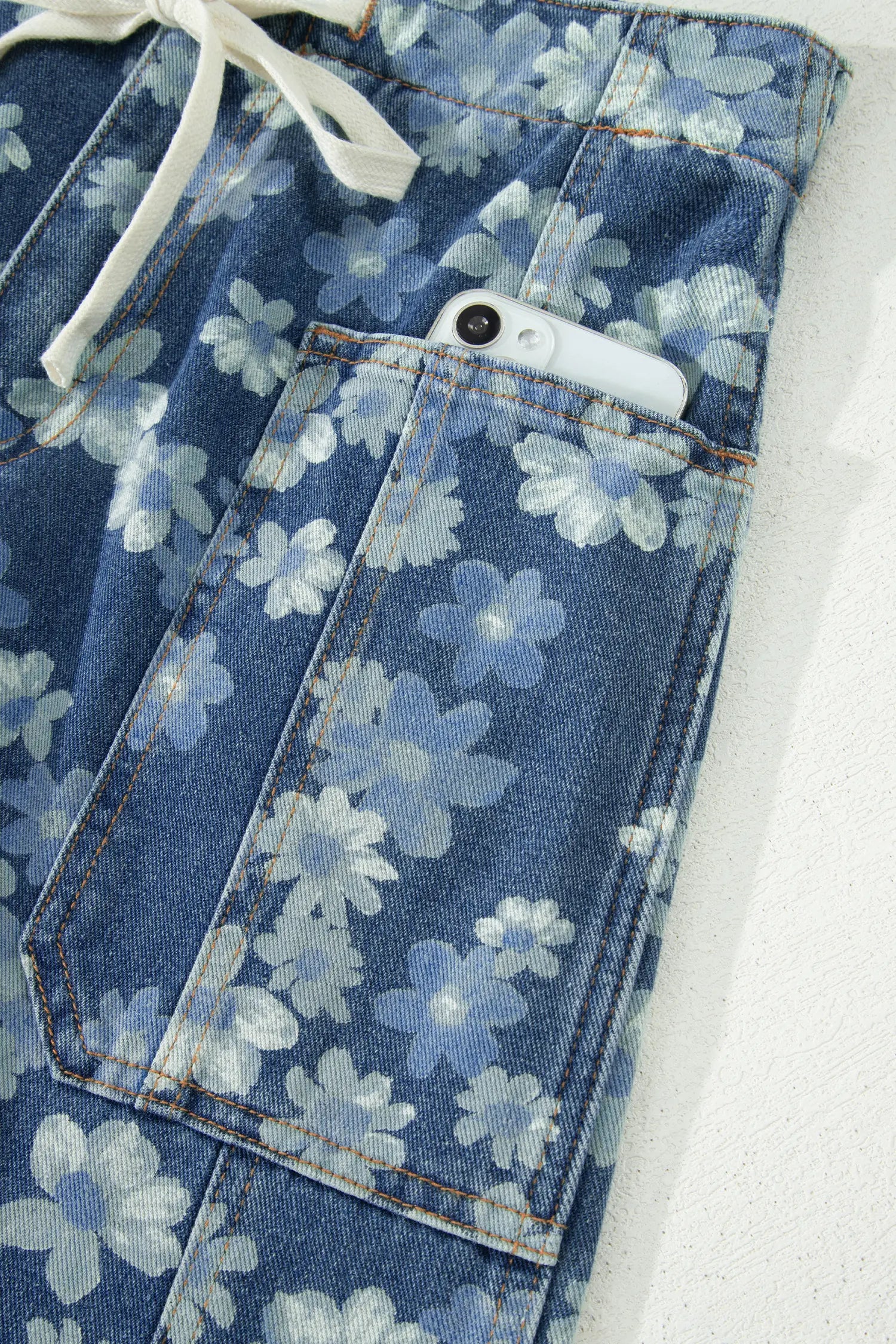 Sky Blue Dainty Floral Printed Drawstring Barrel Jeans