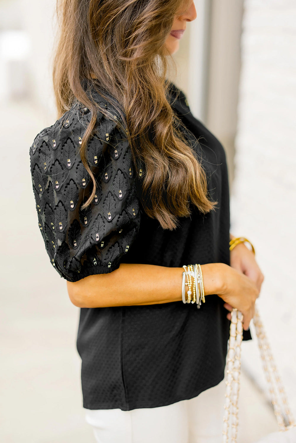 Black Feather Bubble Sleeve Patchwork Textured Blouse eAura