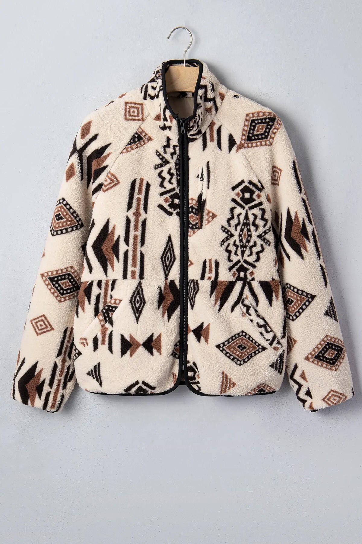Geometric Print Long Sleeve Shirt Collar Zip-up Placket Binding Tape Jacket – Beige