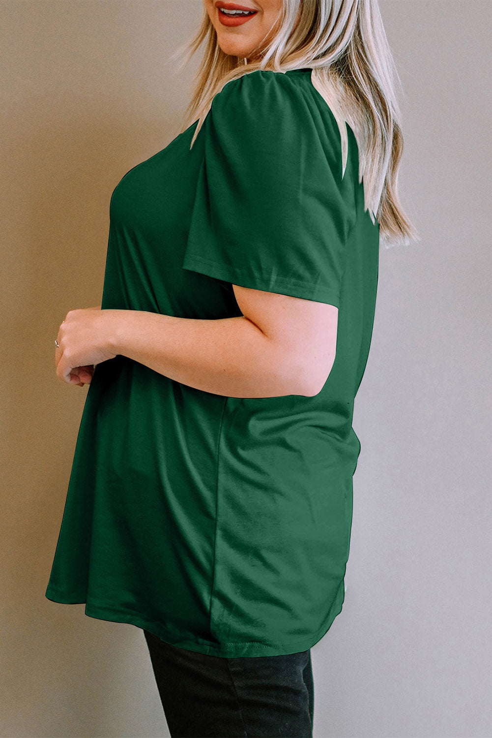 Green Plus Size Square Neck Ruched Shoulder Short Sleeve Top BB Fashion Outlet