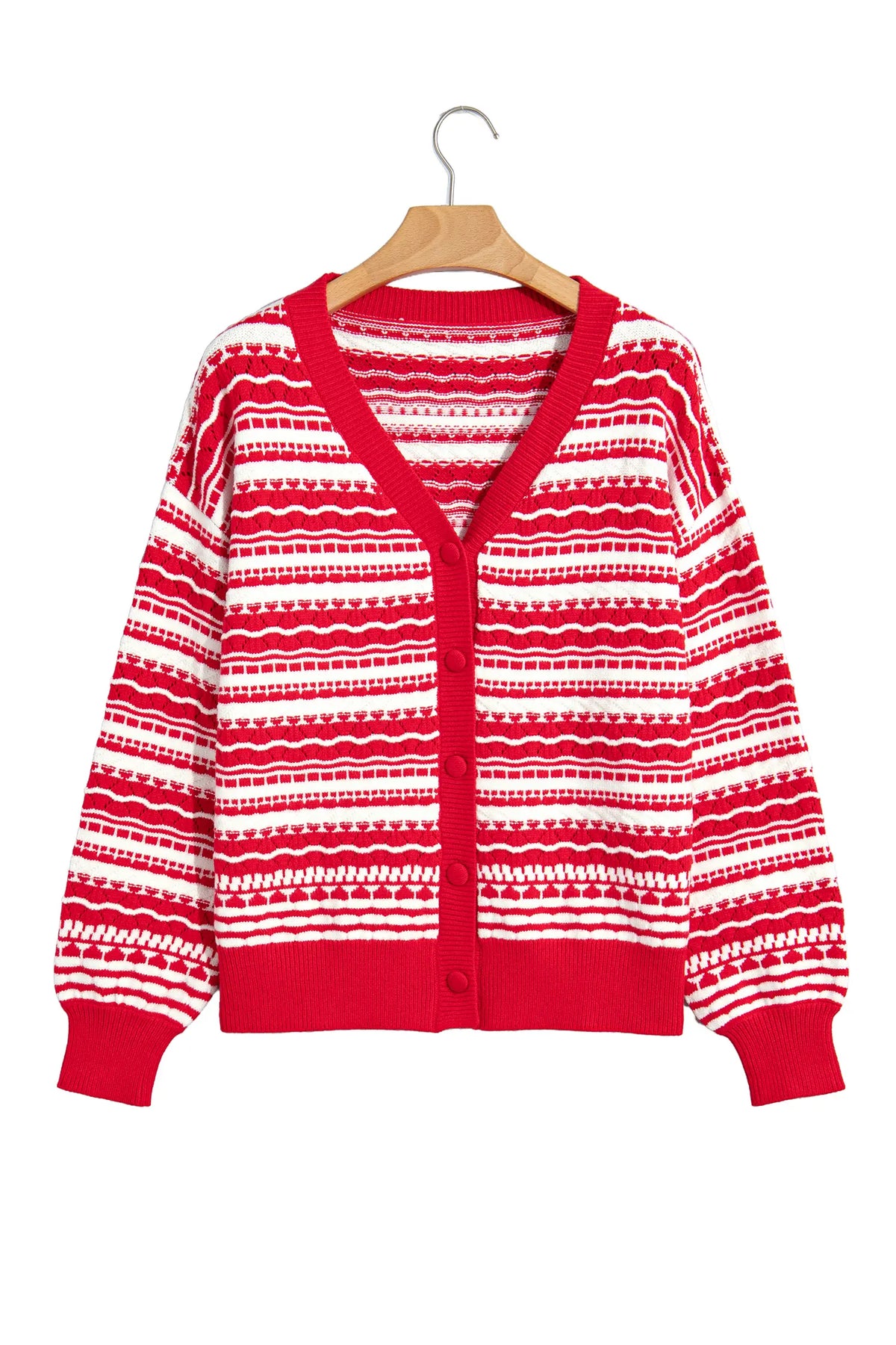 Geometric Striped Pattern V Neck Button Front Casual Knit Cardigan