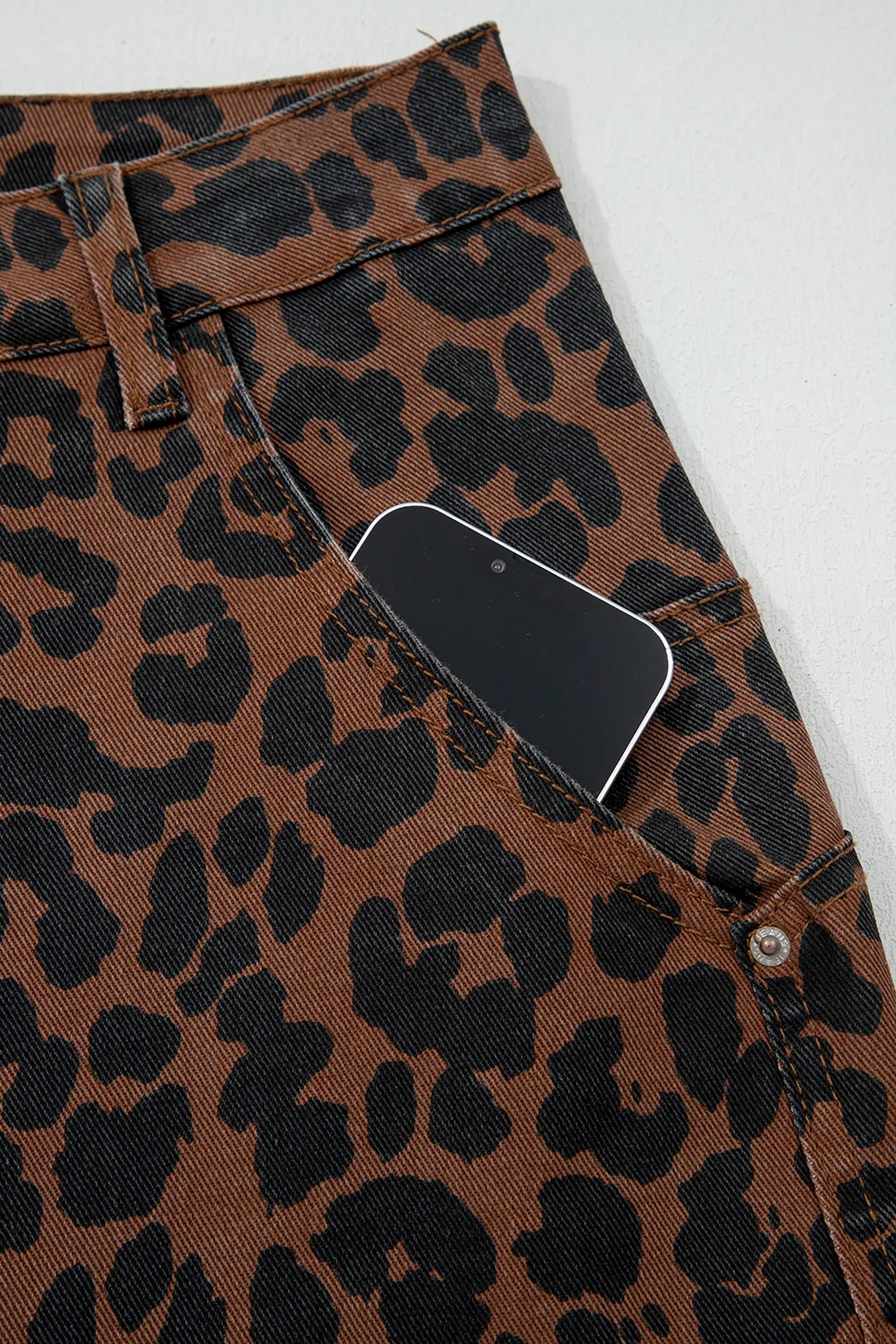 Brown Clear Seam Detail Patchwork Leopard Print Barrel Jeans