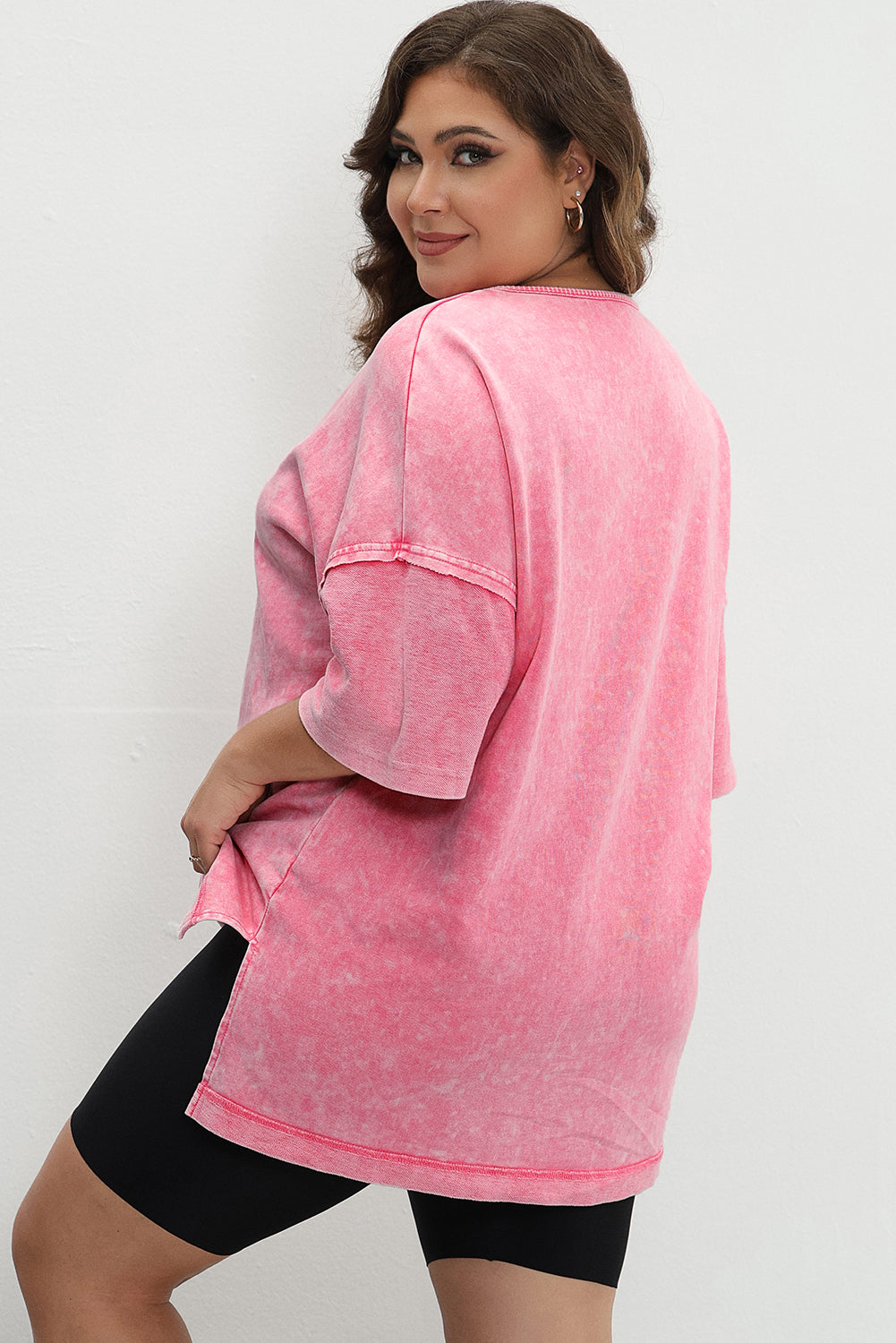 Strawberry Pink Mineral Wash Drop Sleeve Patchwork Plus Tee BB Fashion Outlet
