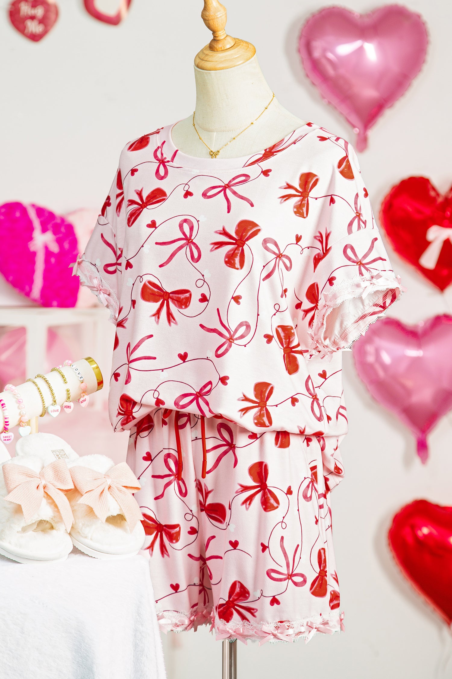 Romantic Bow Print Loose Tee Drawstring Shorts 2pcs Lounge Set – Red