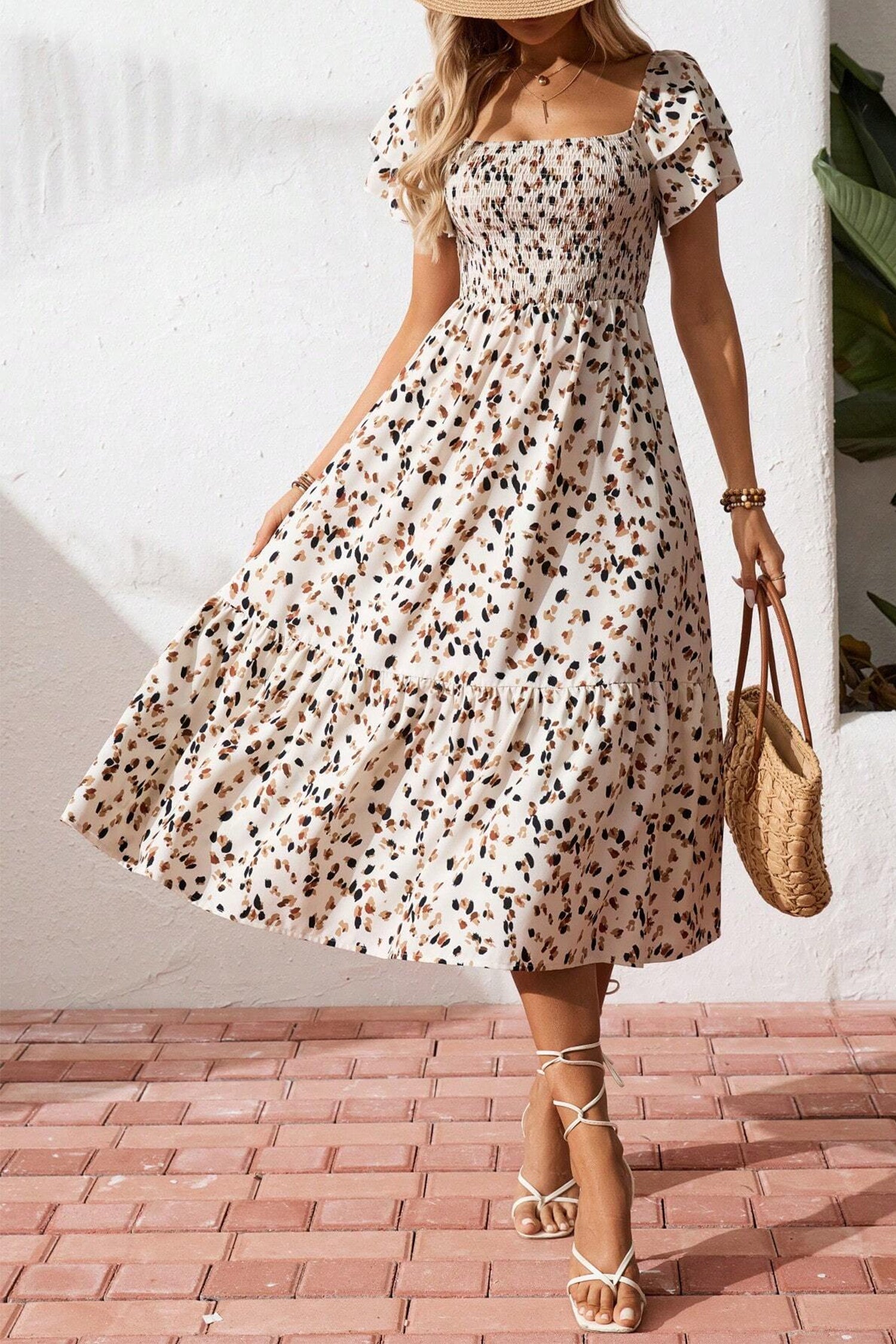 Ditsy Floral Print Smocked Square Neck Ruffle Dress – Beige