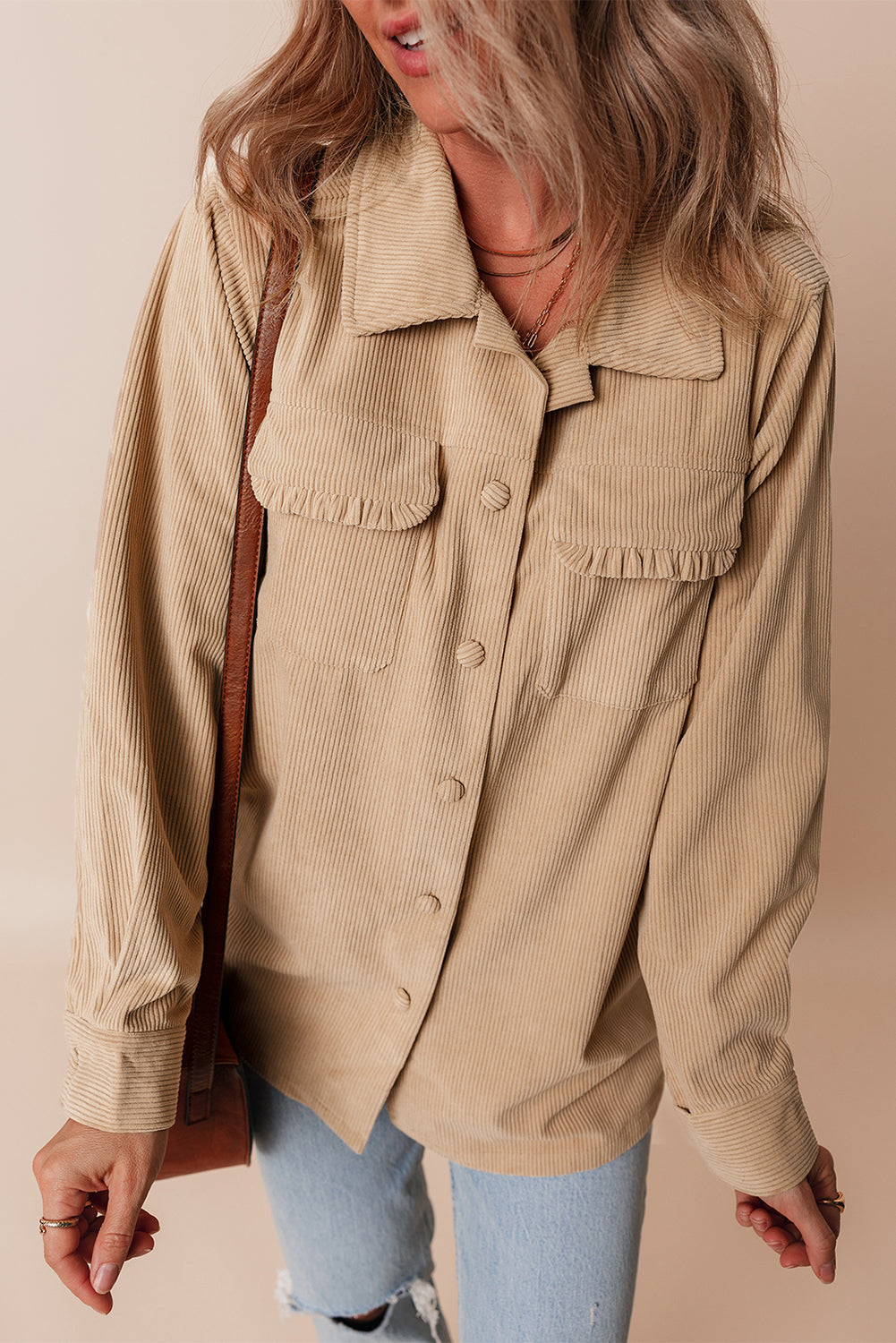 Light French Beige Solid Frilled Flap Pocket Button Up Corduroy Shacket Beagle Boutique Fashion Outlet