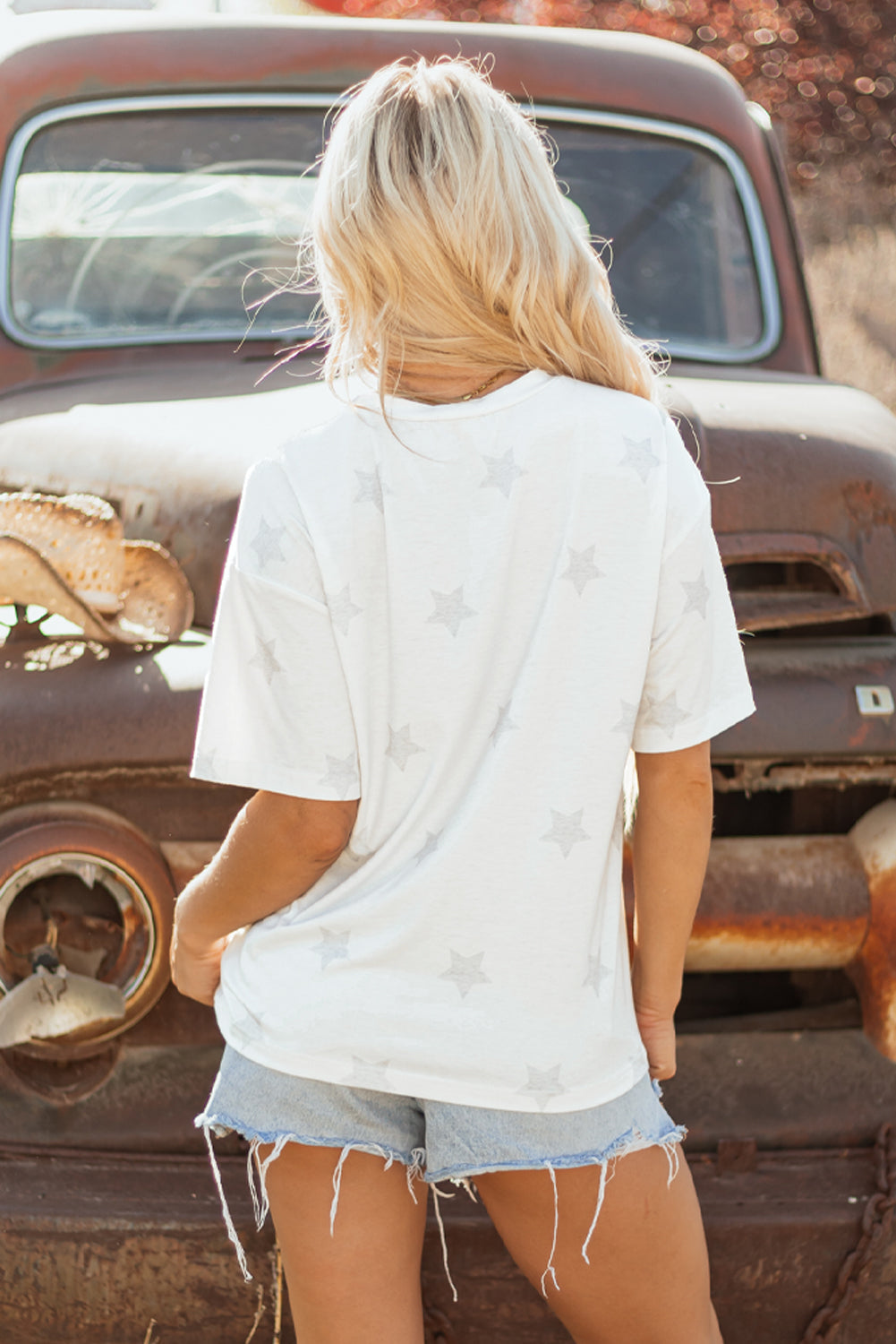 Khaki Patriotic Flag Bow Graphic Starry Round Neck T Shirt - eAura