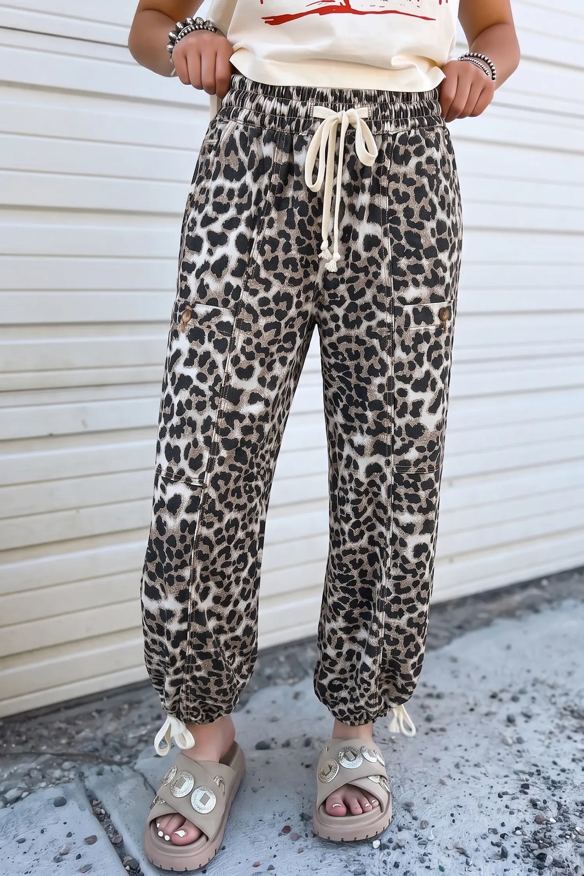 Leopard Print Drawstring Jogger Jeans – Black