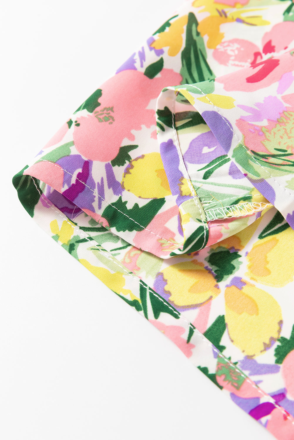 Purple Floral Print Puff Short Sleeve Crew Neck Blouse eAura