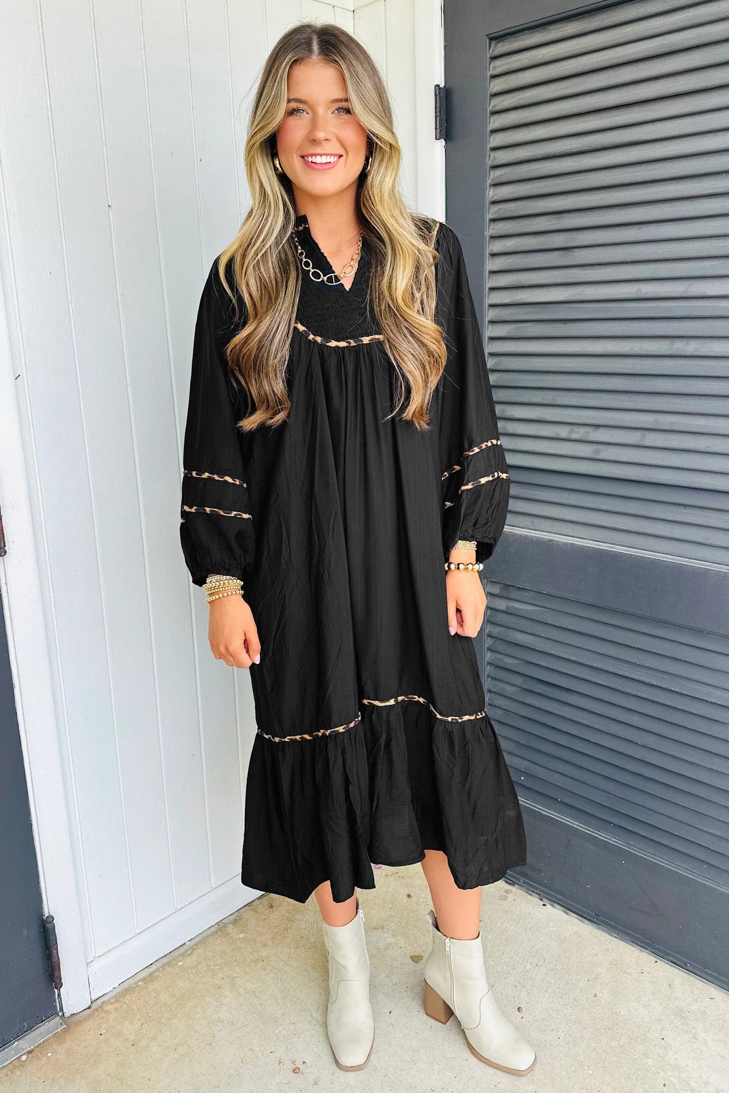 Contrast Leopard Trim Split Neck Long Sleeve Casual Midi Dress