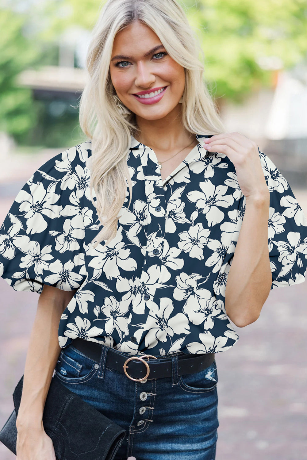Blue Floral Short Puff Sleeve Summer Shirt eAura