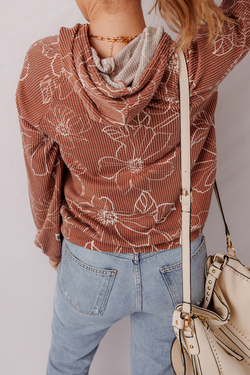Brown Floral Rib Drawstring Kangaroo Pocket Hoodie - eAura