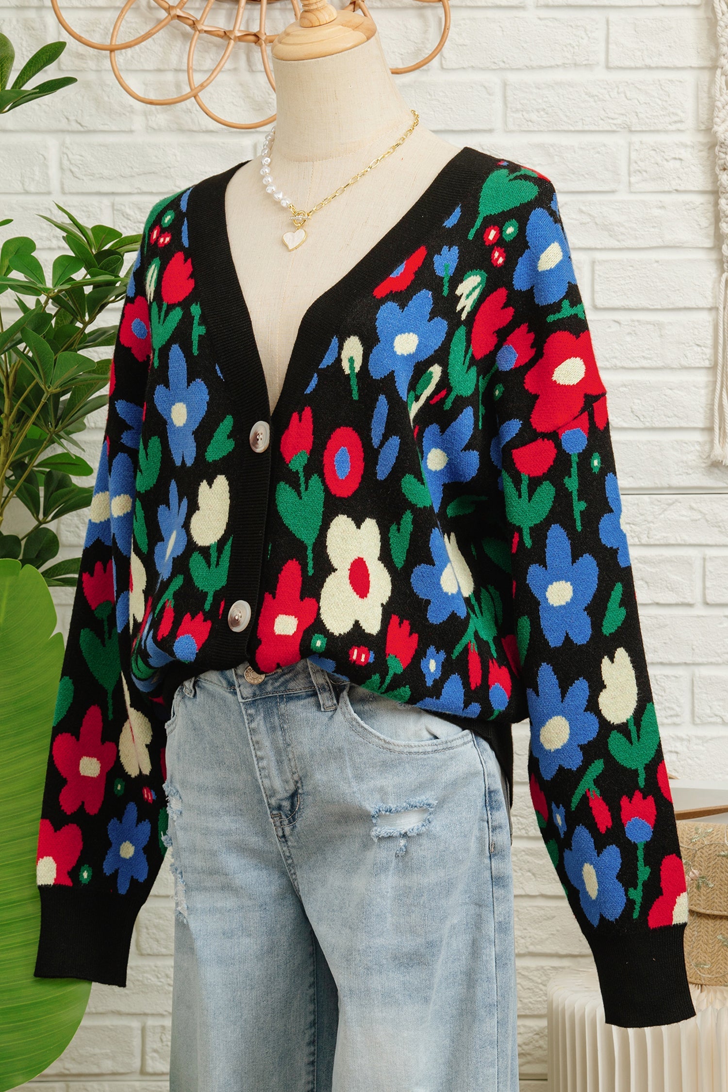 Floral Print V-Neck Buttoned Short Cardigan Sweater - Sweaters & Cardigans/Cardigans