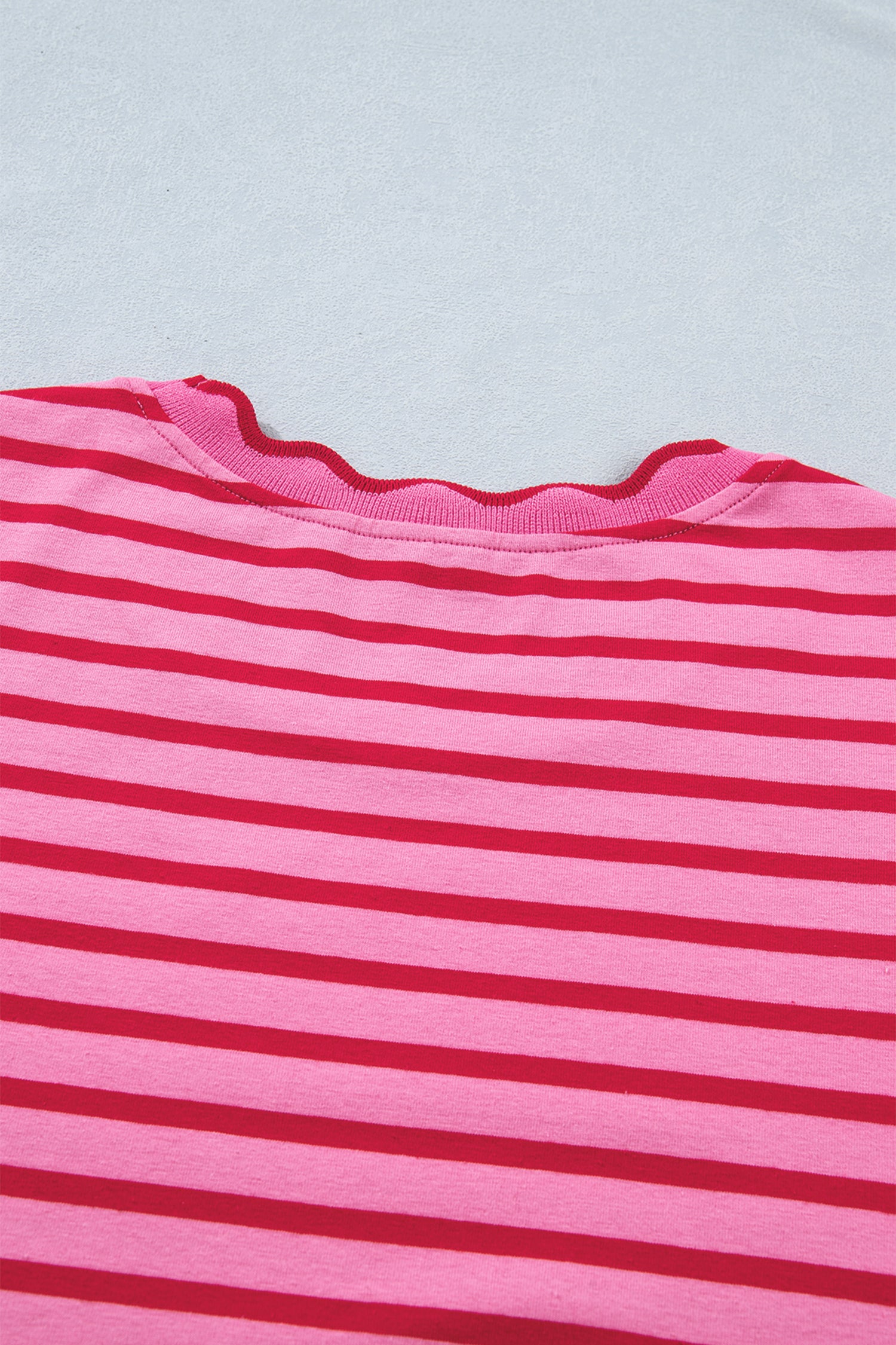Striped Short Sleeve Scalloped Trim Side Slit T-Shirt Dress – Rose Stripe