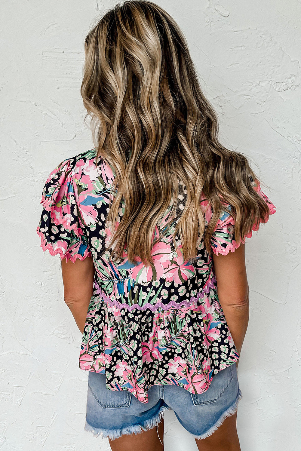 Pink Ricrac Floral Tiered Short Sleeve Blouse eAura